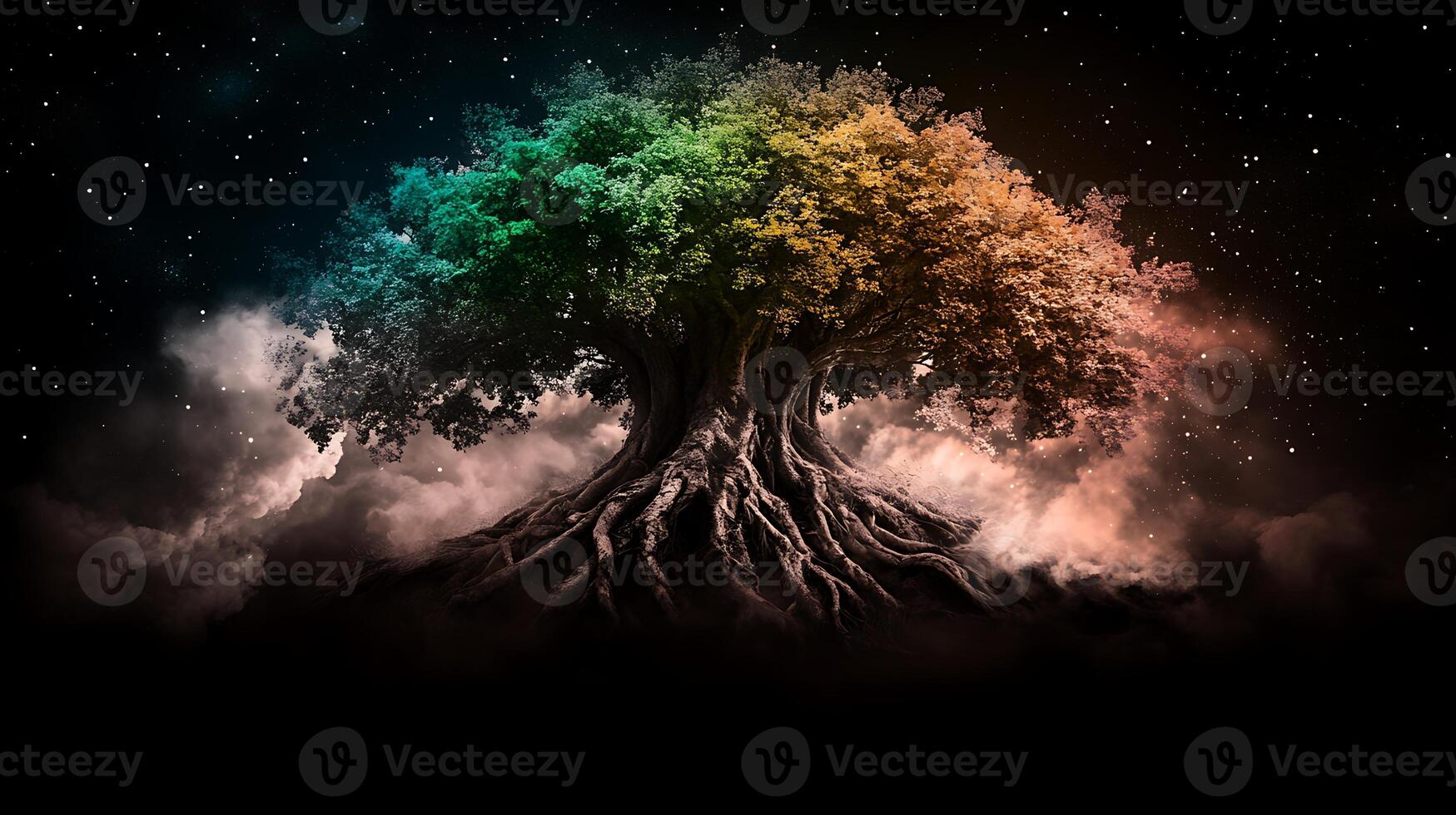 A vibrant, mystical tree stands against a starry night sky, surrounded by colorful clouds photo