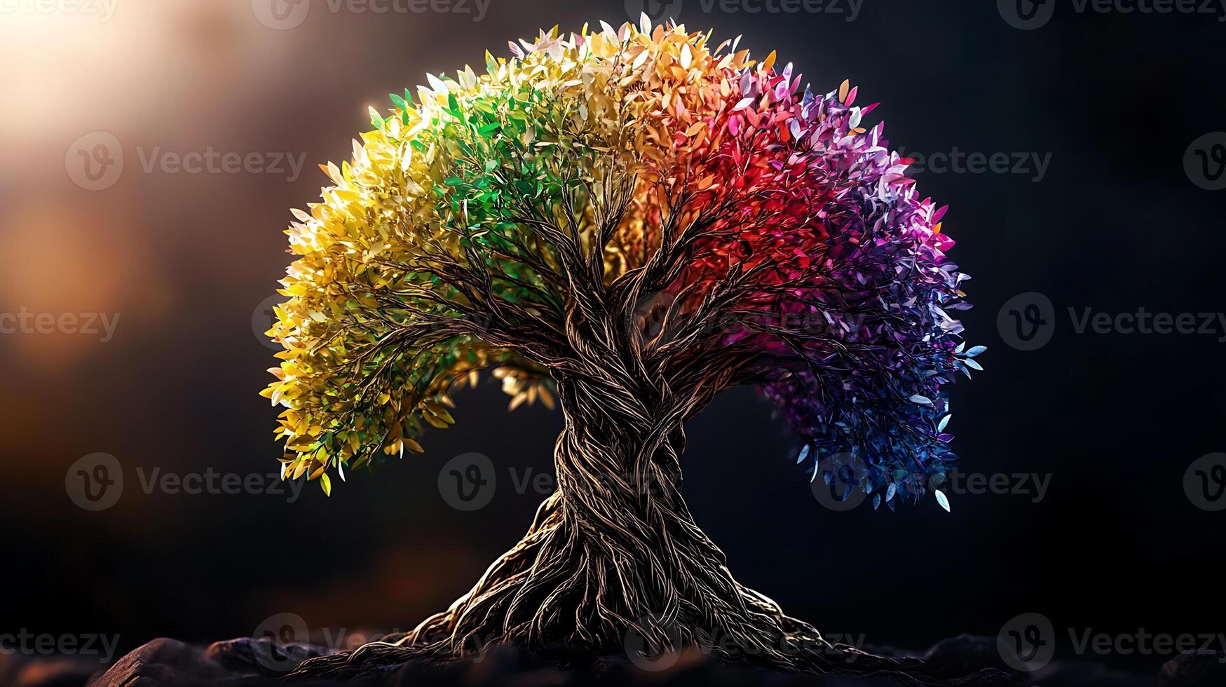 A vibrant, multicolored tree with intricate roots stands against a dramatic, dark background photo