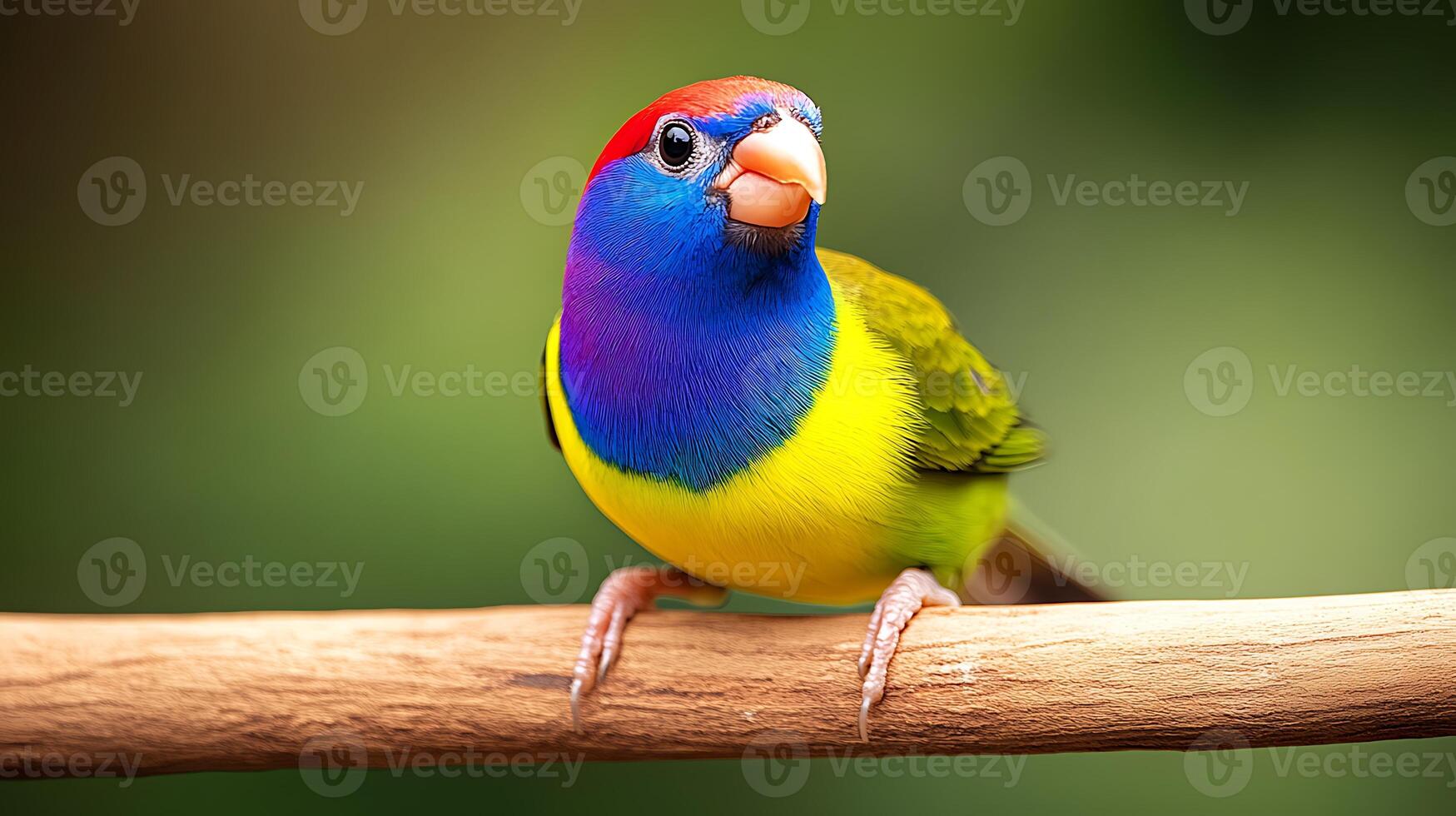 A vibrant, multicolored bird perched on a branch, surrounded by a lush, blurred green background photo