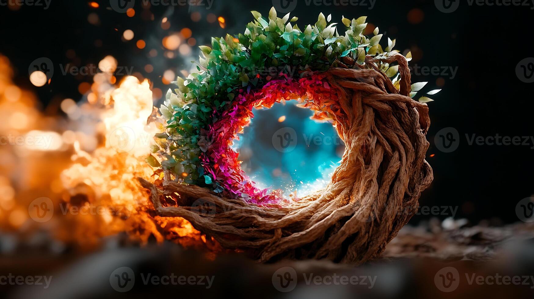 A vibrant, enchanted portal surrounded by flames and lush greenery, symbolizing transformation photo