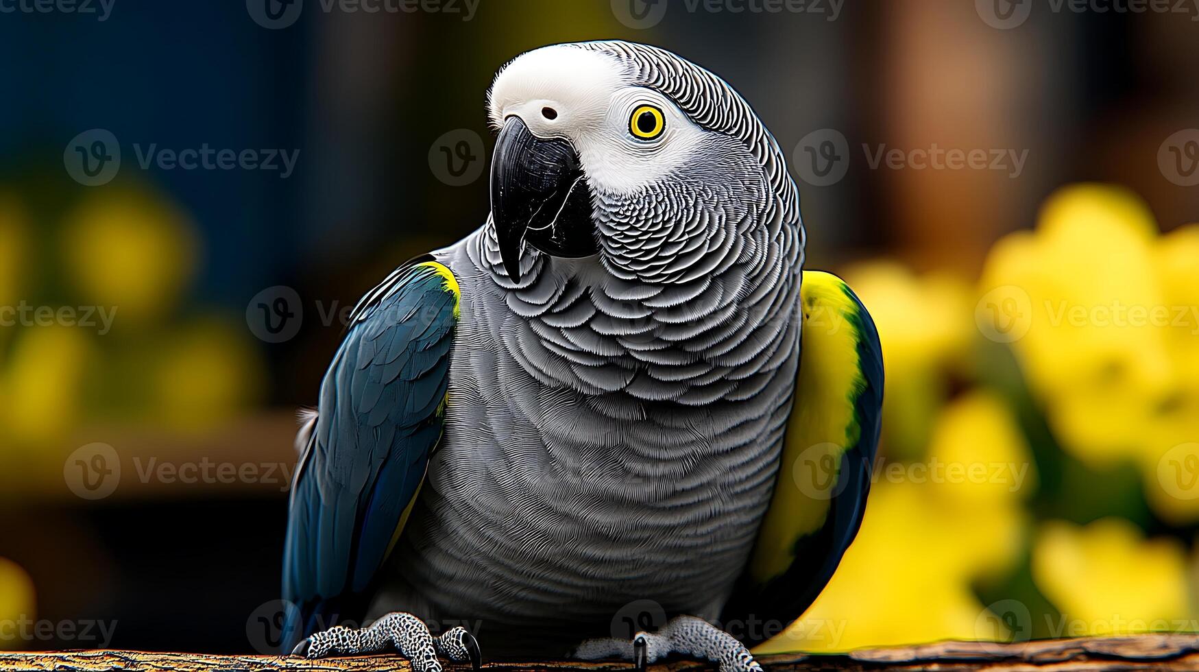 A vibrant grey parrot perched on a branch, surrounded by colorful flowers in a lush garden photo
