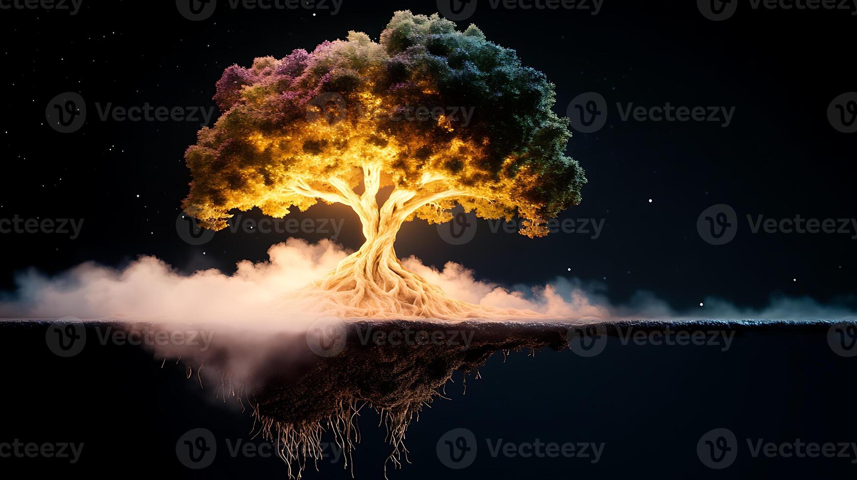 A vibrant, glowing tree emerging from floating soil, surrounded by mist and stars in a dark sky photo