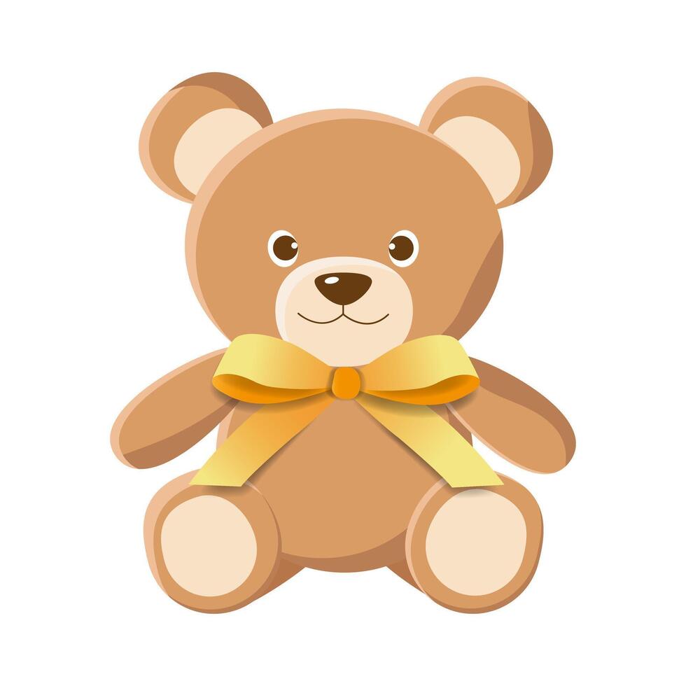 Cartoon Teddy Bear with 3D Bow Isolated on White Background. Icon Bear Plush Toy in Flat Style. Brown Animal with Paper Cut Ribbon. Illustration Suitable for Kids Birthday, Invitation, Banner. vector