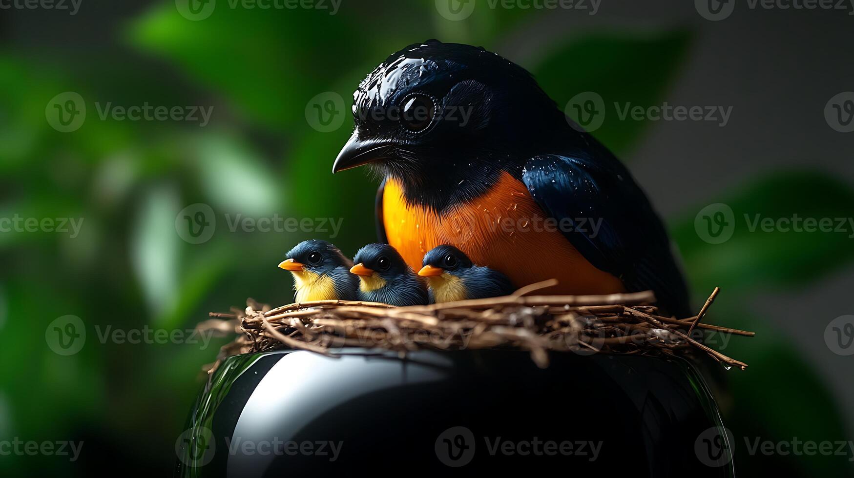 A mother bird with vibrant plumage sits protectively over her three chicks in a nest, surrounded by lush greenery photo