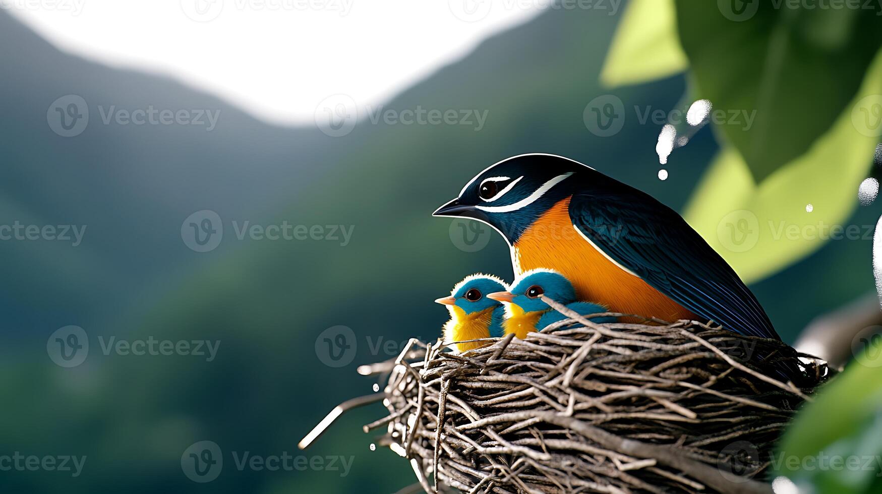 A vibrant bird caring for its two chicks in a nest amidst a lush, mountainous backdrop photo