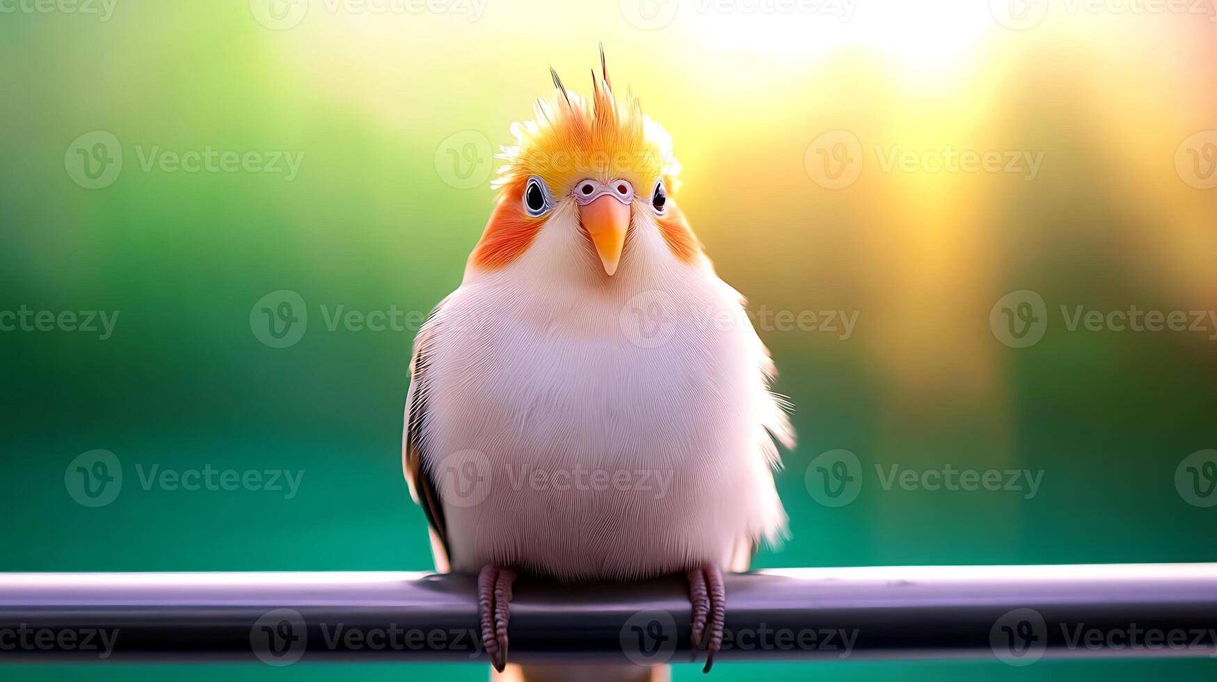 A vibrant bird perched on a railing, showcasing its colorful feathers against a blurred, sunlit background photo