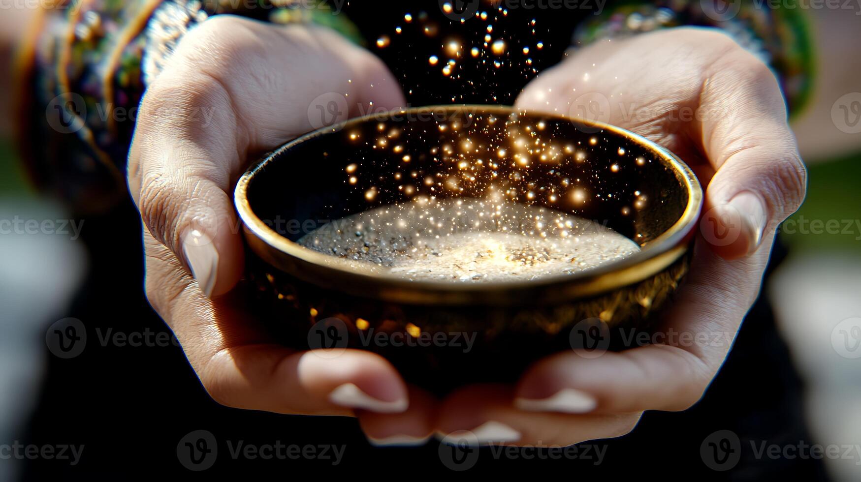A person gently holding a bowl of shimmering sand, surrounded by a serene outdoor setting photo