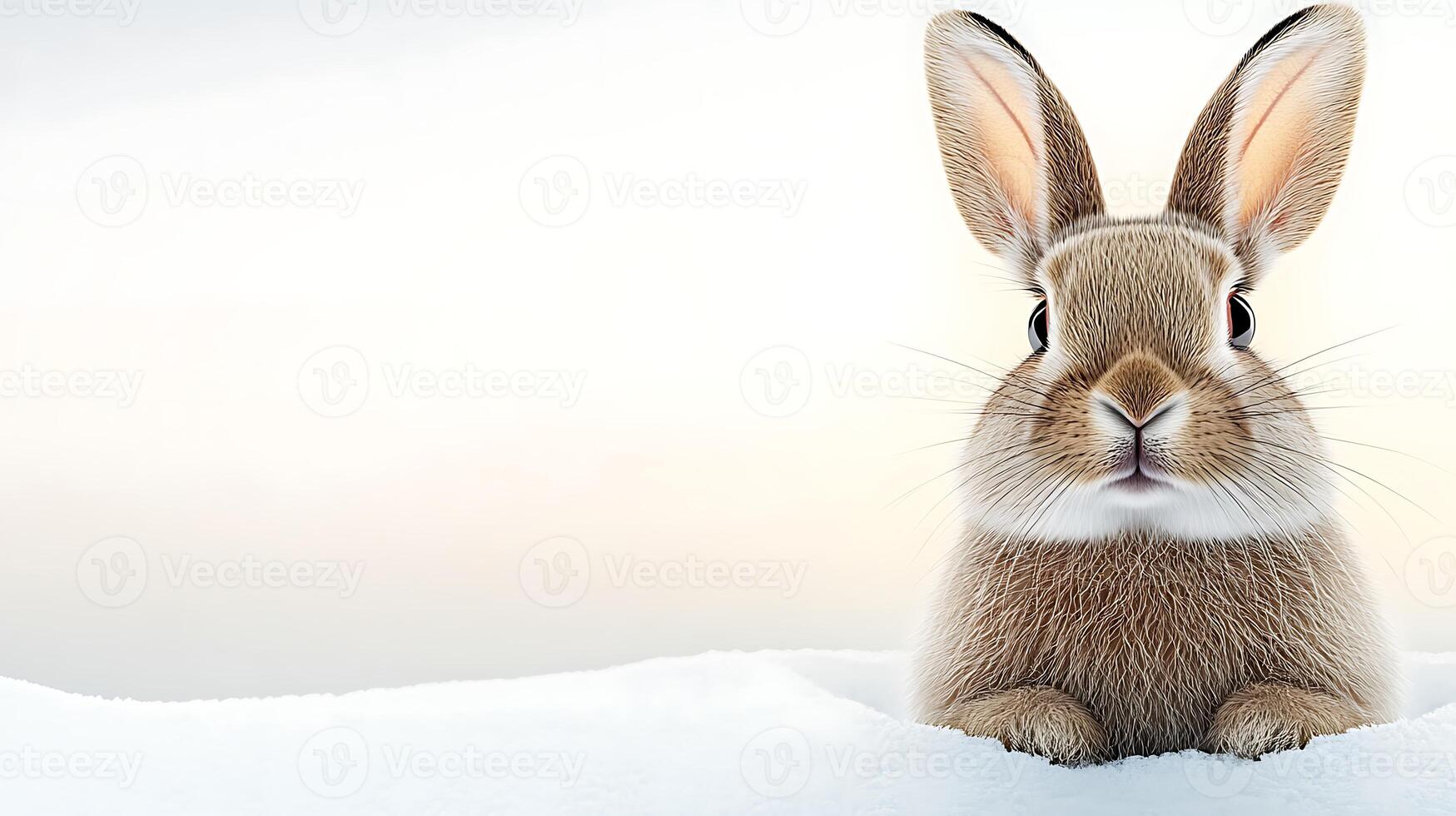 A serene rabbit sitting on a snowy landscape, with a soft pastel sky in the background photo