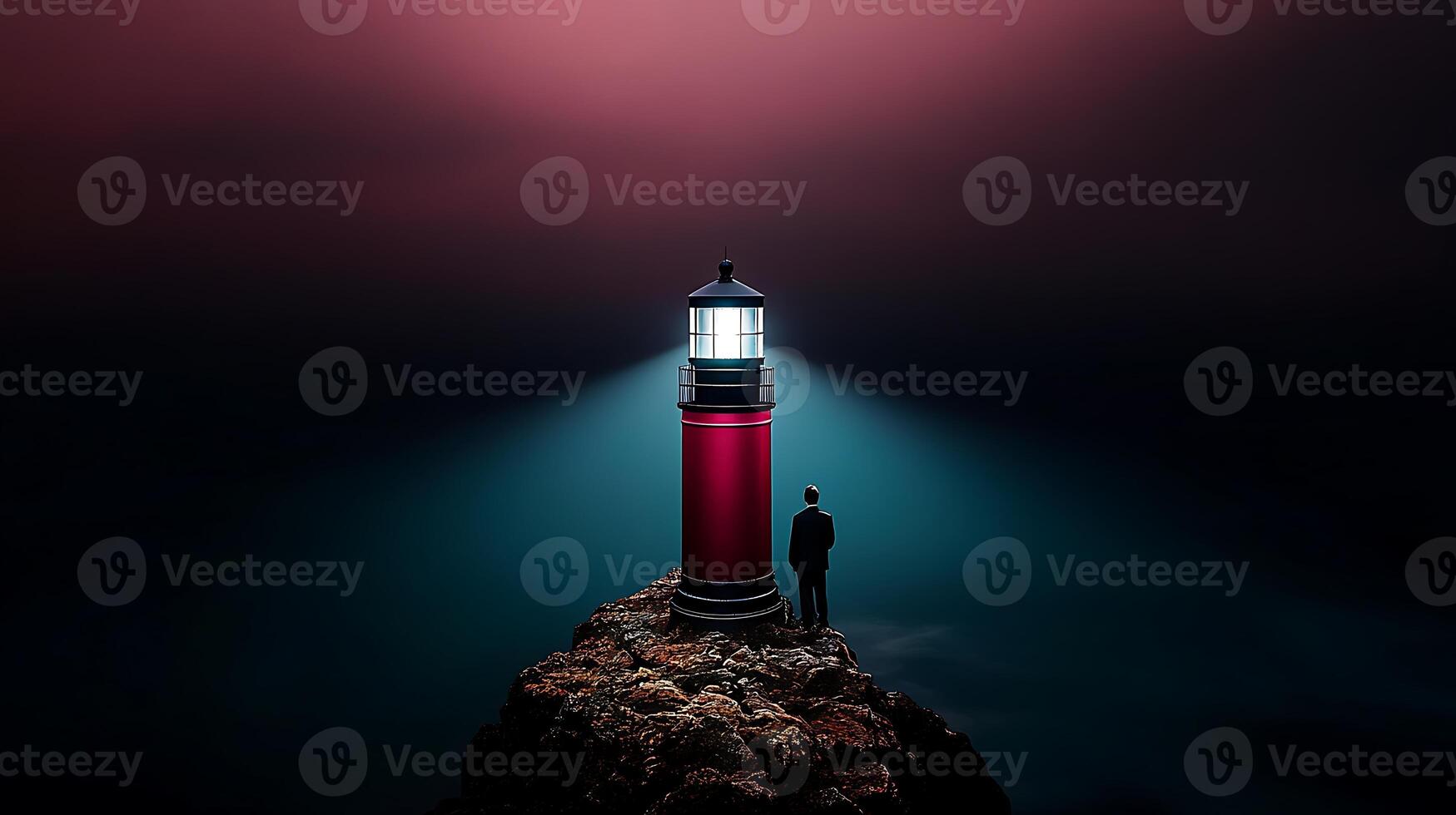 A solitary figure gazes at a vibrant lighthouse illuminating the foggy seascape at dusk photo