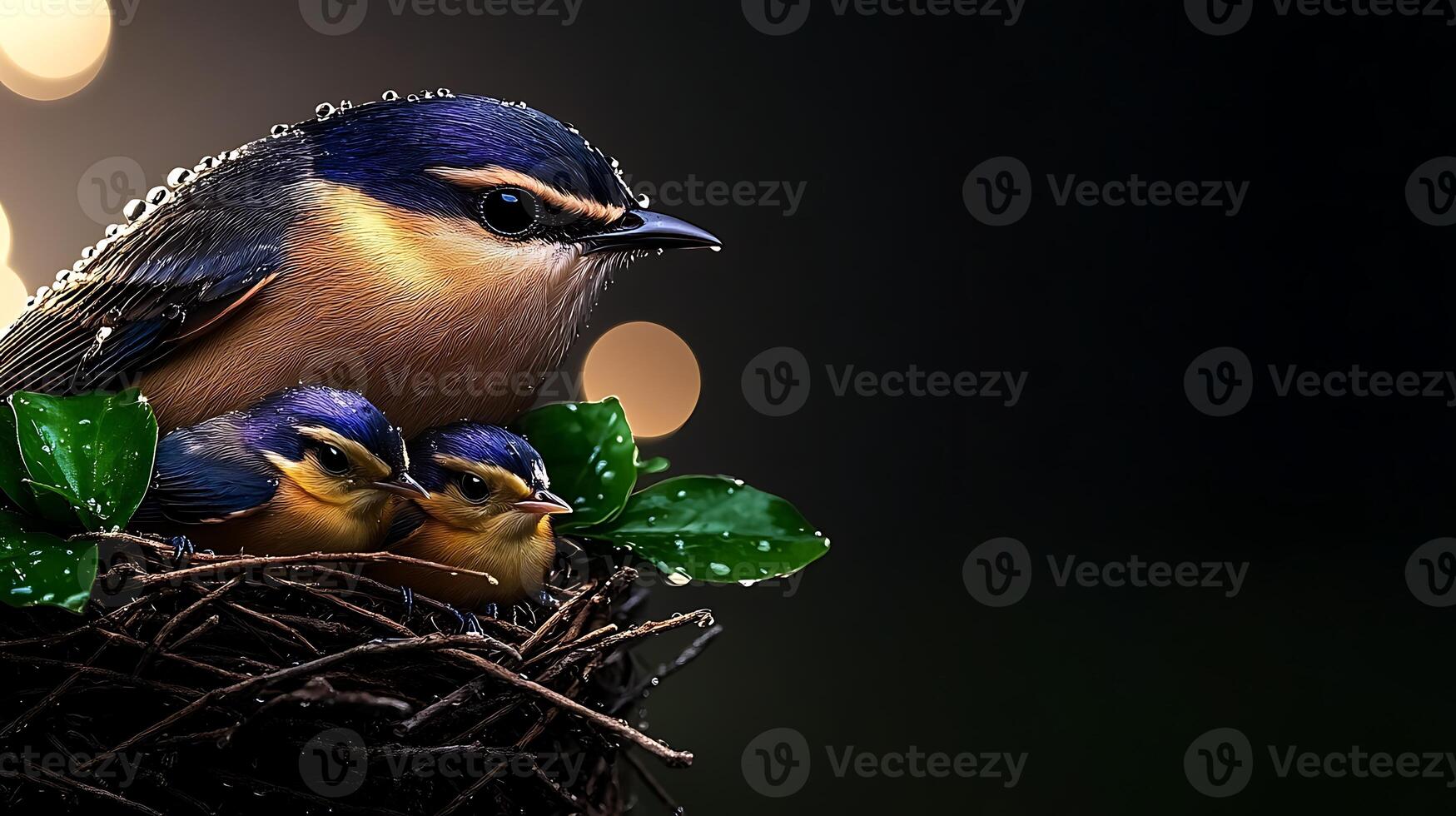 A mother bird watches over her two chicks in a cozy nest adorned with droplets and greenery photo