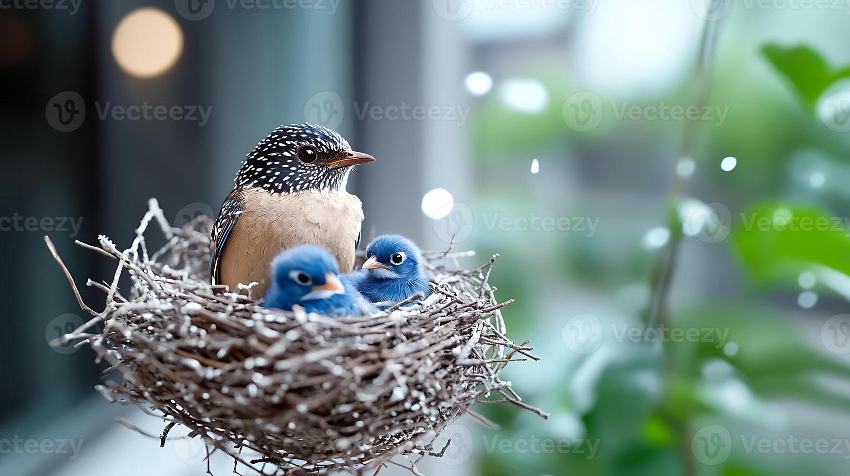 A mother bird with spotted feathers caring for her two blue chicks in a cozy nest indoors, with greenery in the background photo