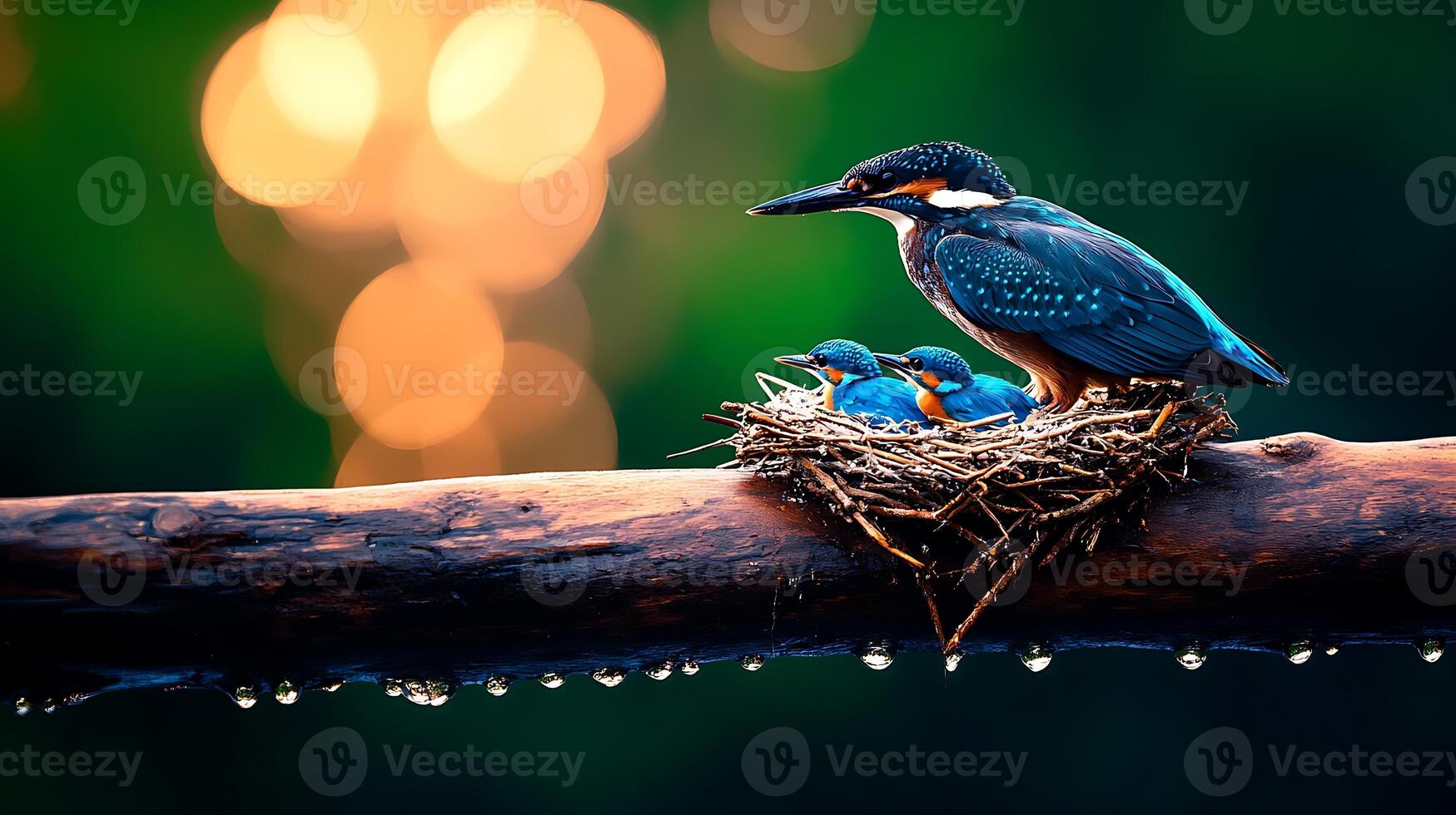 A serene scene of a kingfisher perched on a branch above its nest with chicks, surrounded by soft bokeh photo