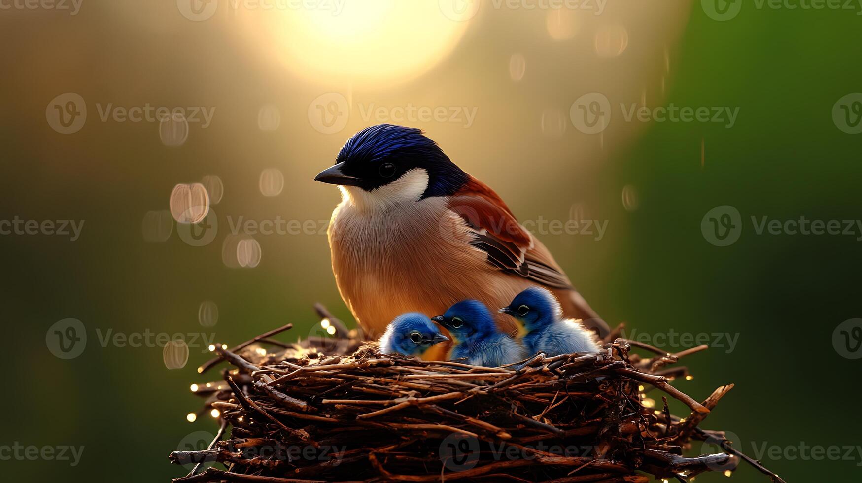 A vibrant bird caring for its three chicks in a cozy nest during a serene sunset photo