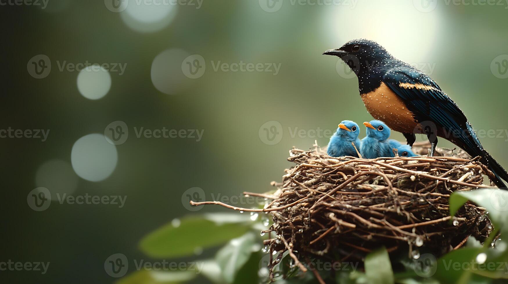 A vibrant bird perched on a nest with three blue chicks, surrounded by lush greenery photo