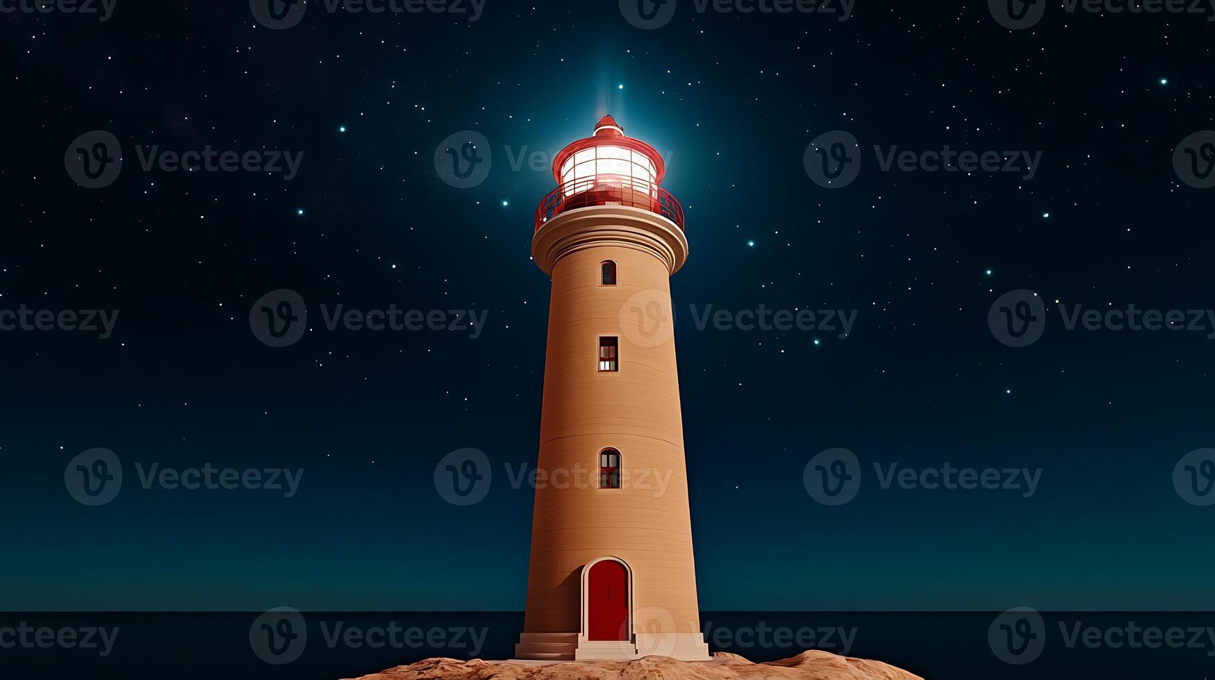 A stunning lighthouse illuminated at night, surrounded by a starry sky and calm waters photo