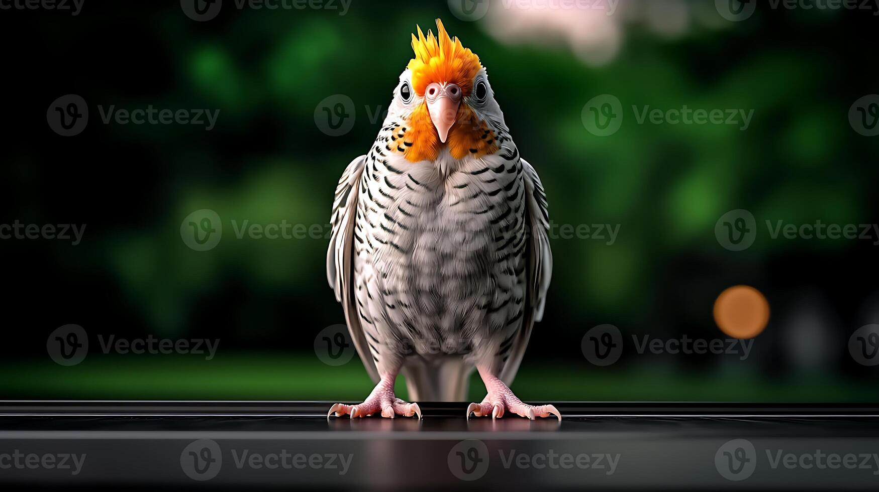 A vibrant bird with a striking orange crest stands on a railing, surrounded by a lush green background photo