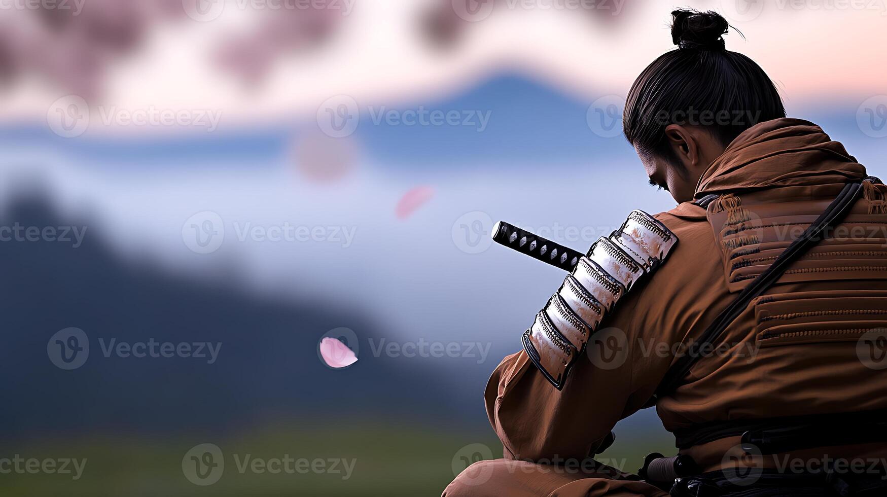 A solitary warrior in traditional attire contemplates in a serene landscape with cherry blossoms photo