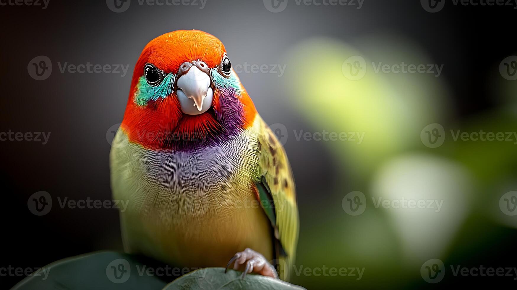 A vibrant bird with a colorful plumage perched on a leafy branch, set against a blurred background photo