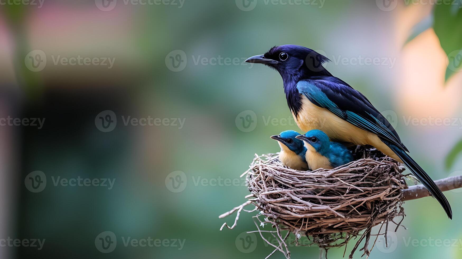 A vibrant bird feeding its chicks in a lush green environment, showcasing nature's nurturing moments photo