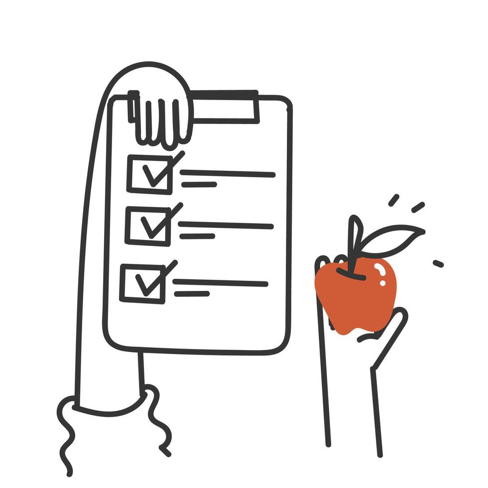 a hand holding an apple and a checklist with a check mark vector