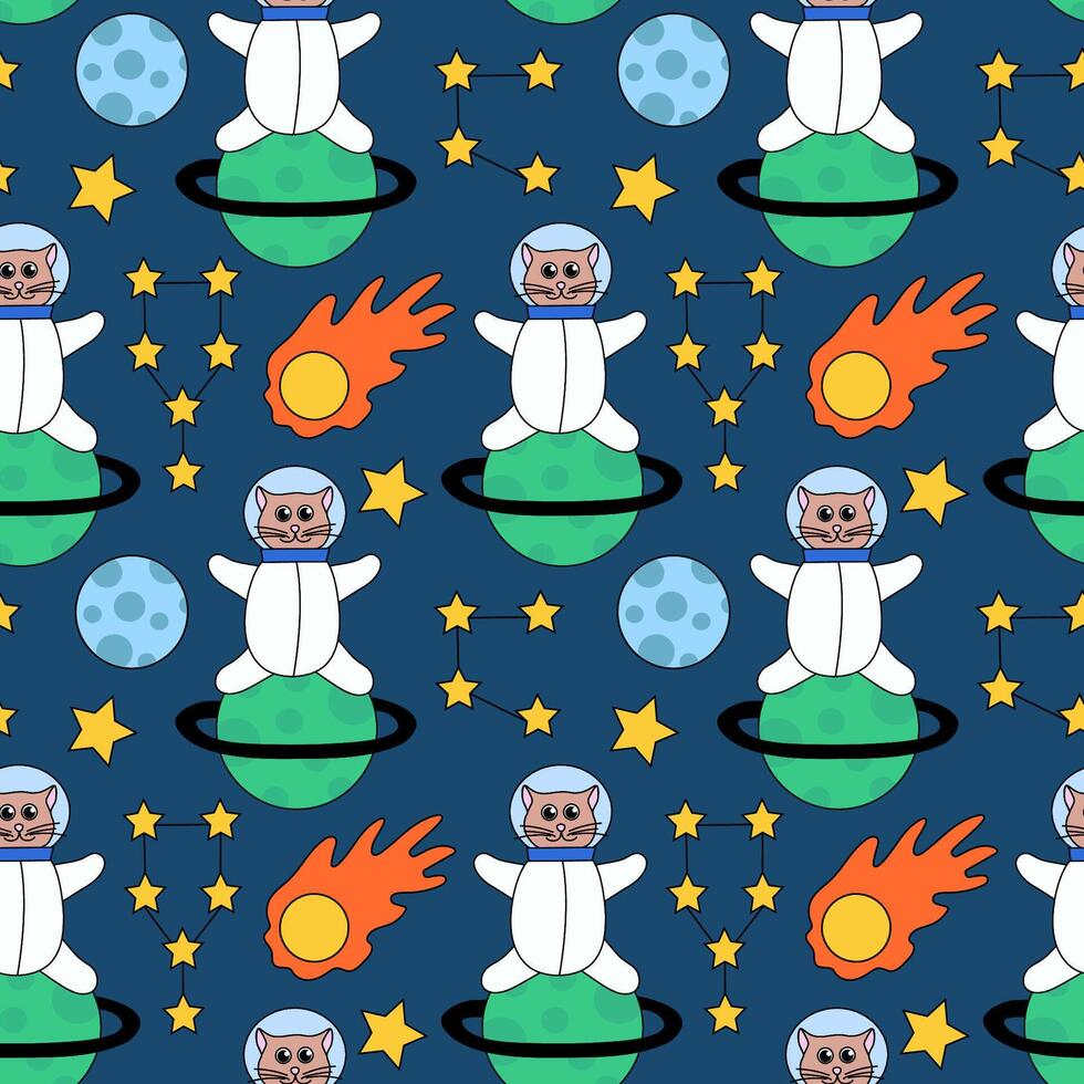 Seamless Pattern with Cute cat astronaut in space sit on planet. Stars, Constellation, Comet. Flat Illustration. vector