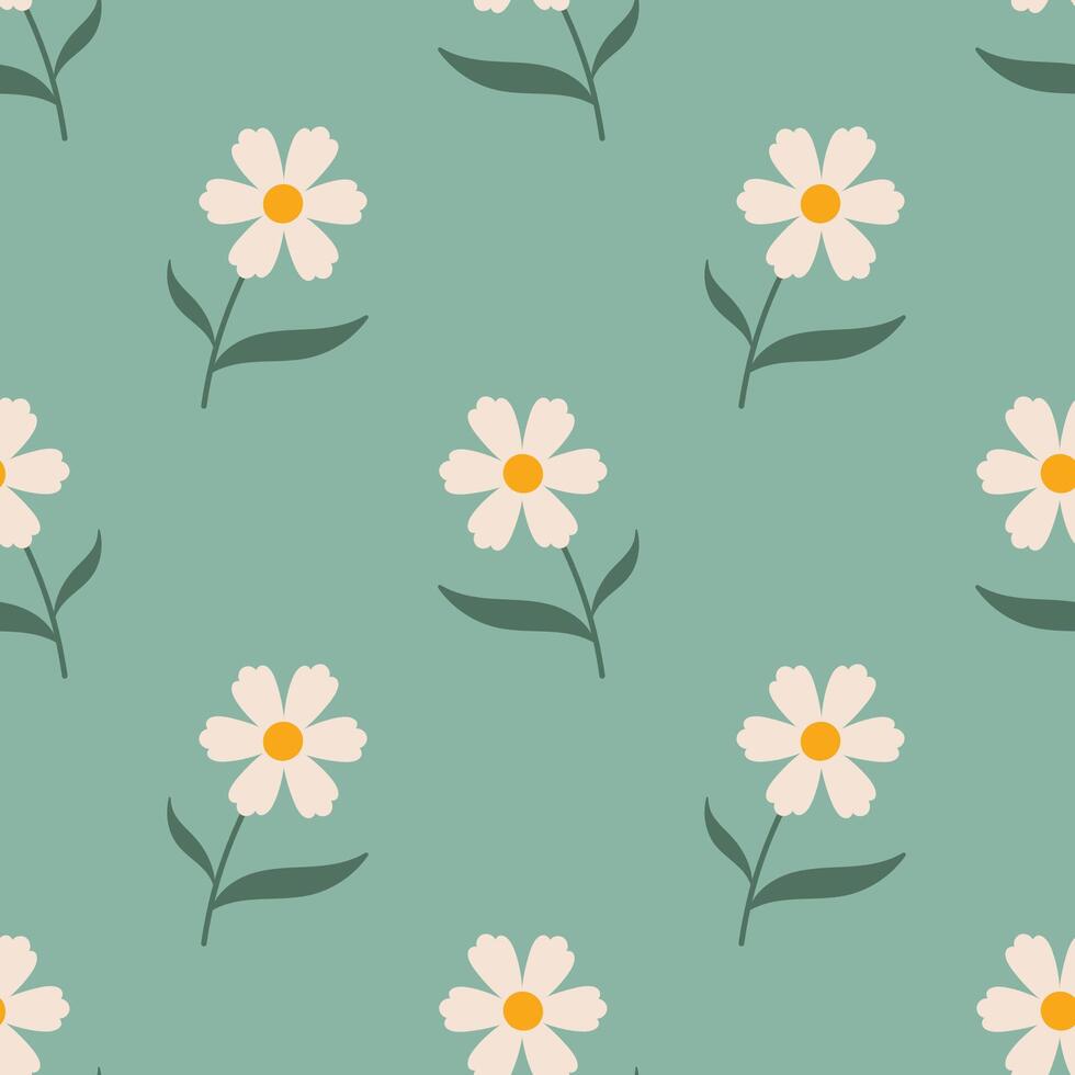 Chamomile, daisy seamless pattern. Flower of white daisy on turquoise background. Doodle style. Hand drawn texture. Fabric design. Flat design vector