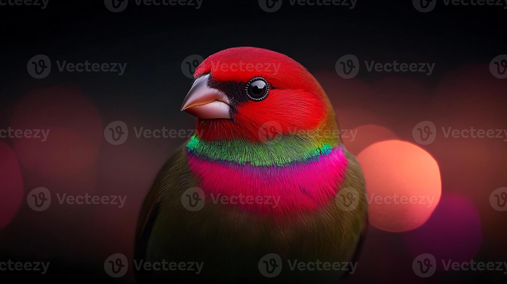 A vibrant bird with red and green plumage perched against a softly blurred background photo