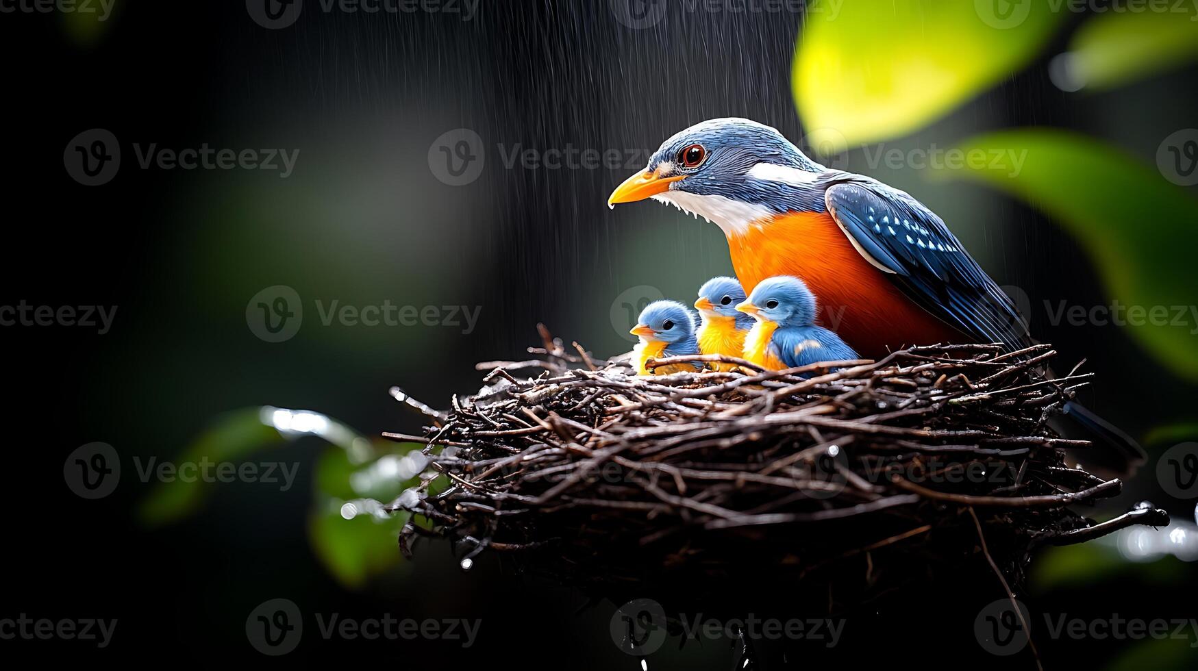 A vibrant bird caring for its three chicks in a lush, rainy forest, showcasing nurturing behavior photo