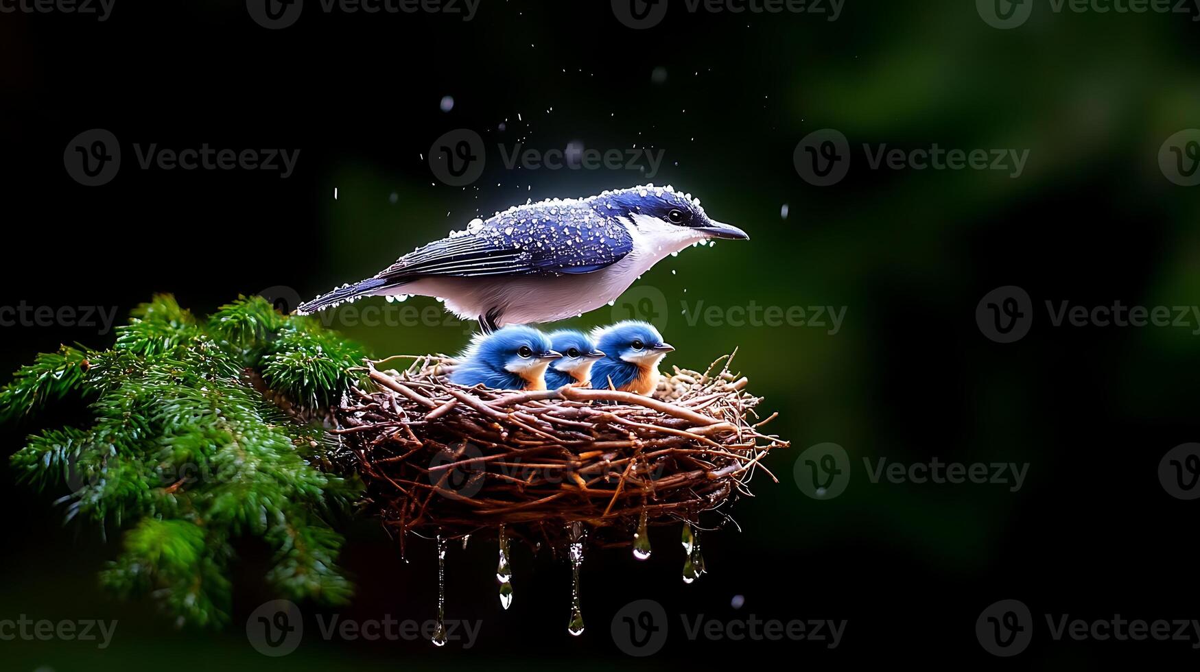 A serene scene of a bluebird feeding its three chicks in a rain-soaked nest surrounded by greenery photo