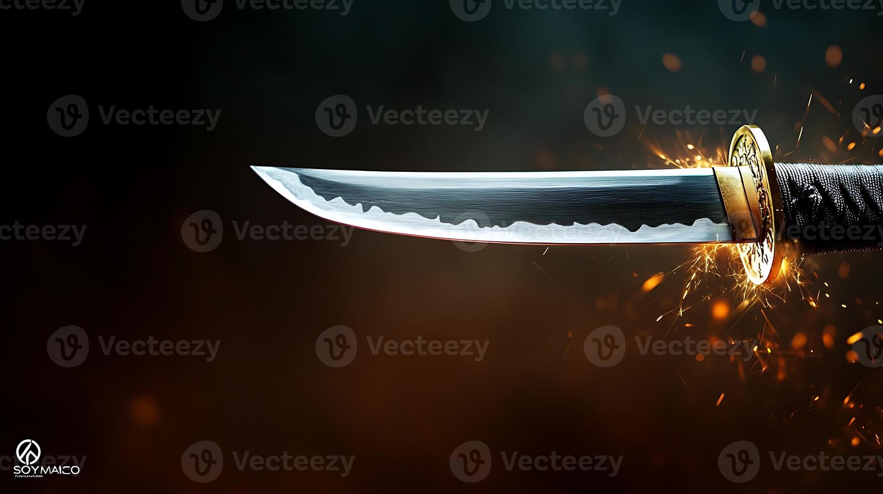 A polished sword glimmers amidst a backdrop of sparks and smoke, evoking a sense of action and drama photo