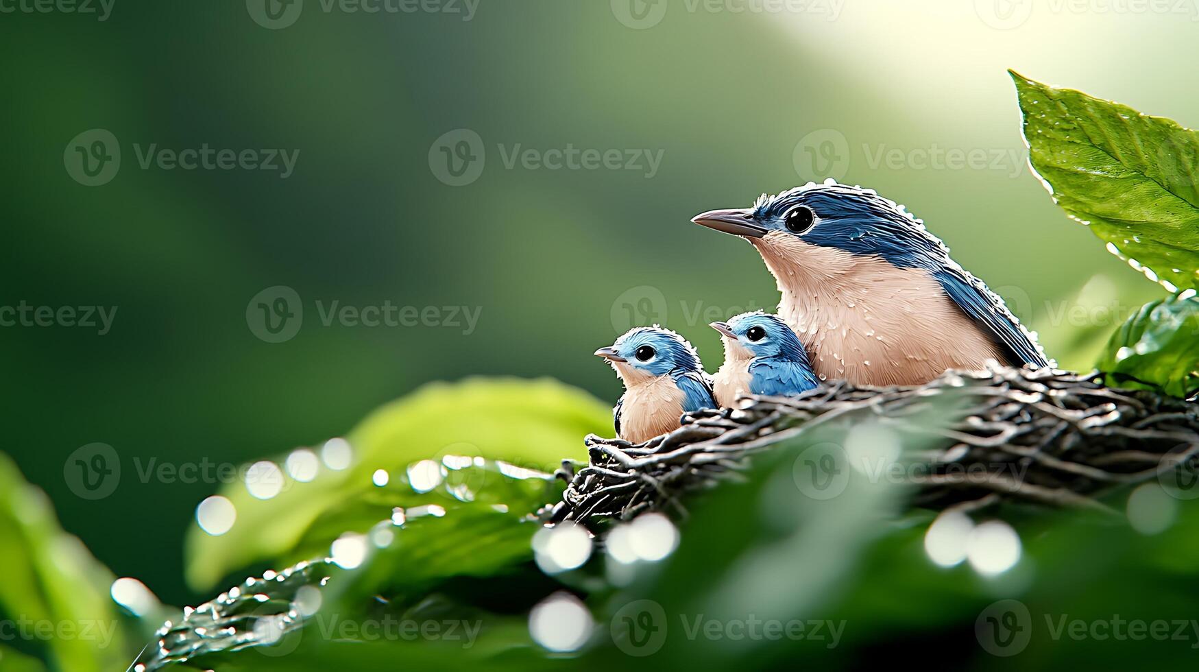 A serene scene of a mother bird feeding her chicks in a lush green nest surrounded by dew photo