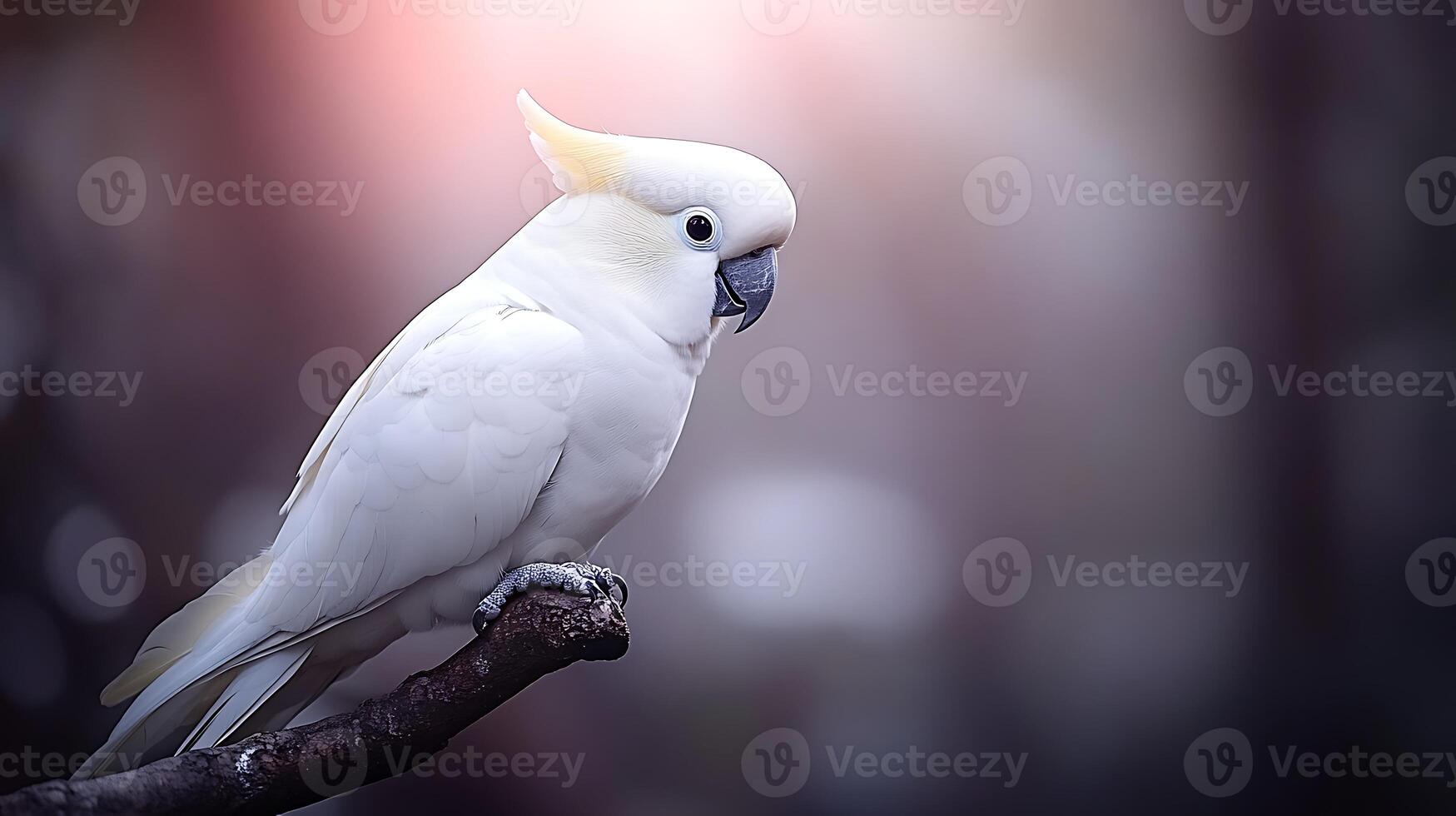 A serene white cockatoo perched on a branch amidst a softly blurred forest background photo
