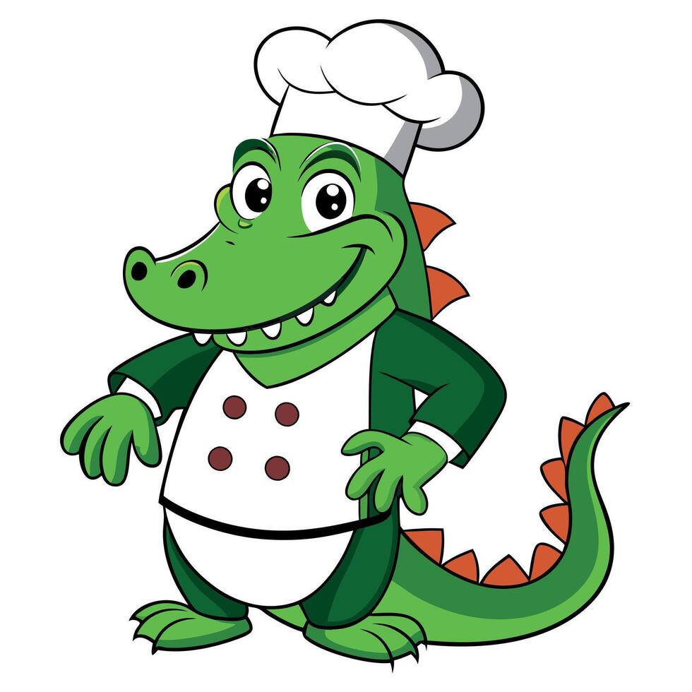 Smiling Green Alligator Dressed as a Professional Chef with a White Coat and Buttons, Welcoming Guests in a Fun Cartoon Style vector