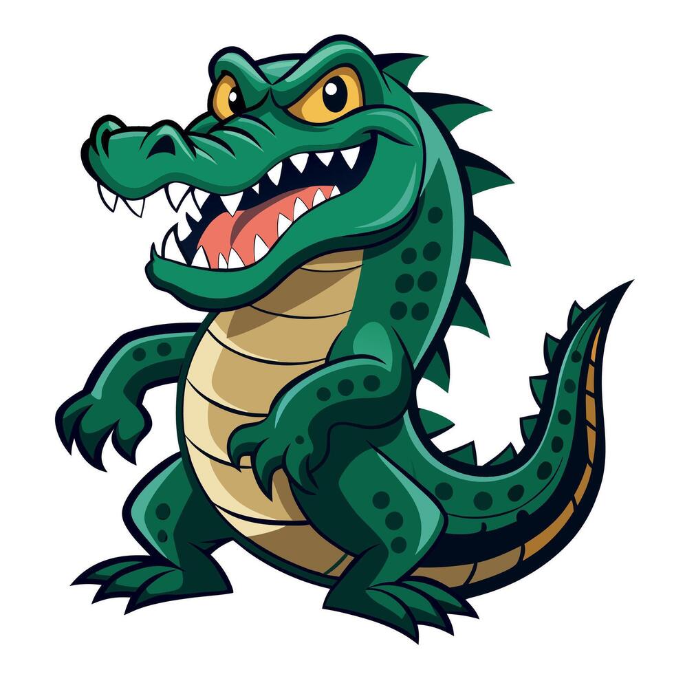 Cartoon Style Angry Alligator with Sharp Teeth and Fierce Expression in a Playful Yet Aggressive Pose vector
