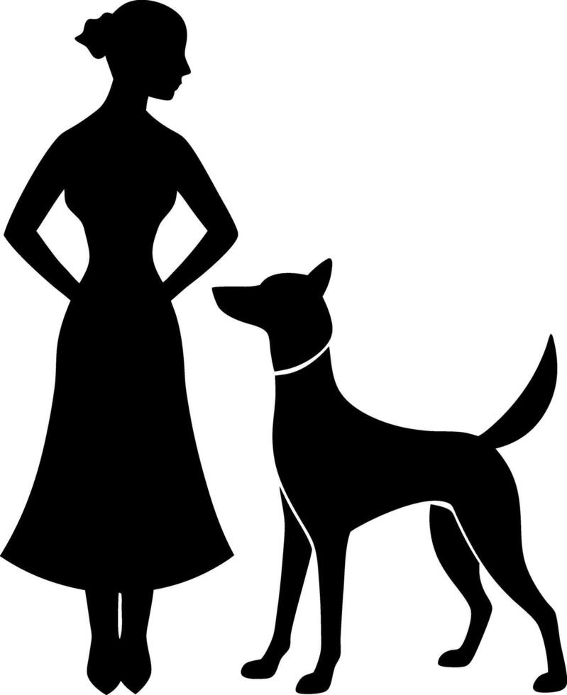Stylish Lady Standing Gracefully with a Dog Beautiful Black and White Silhouette Design vector