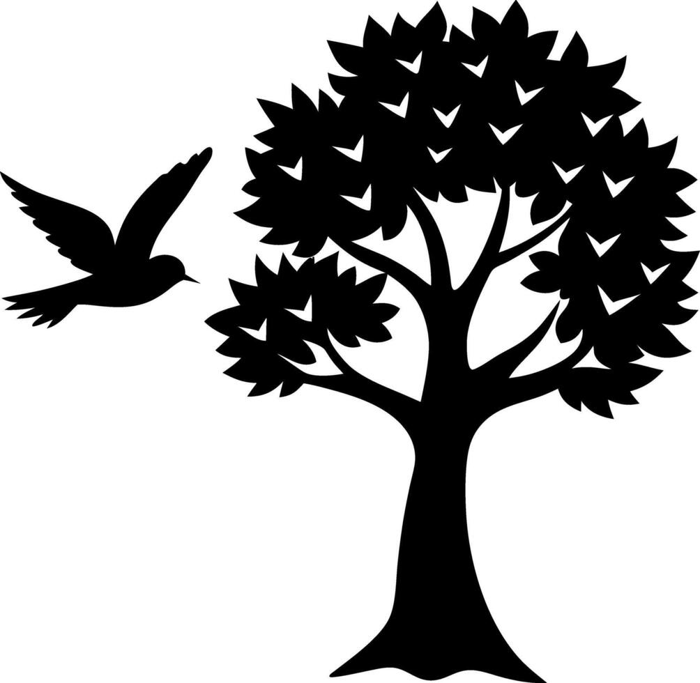 Artistic Tree Silhouette with a Bird in Flight Beautiful Black and White Nature vector