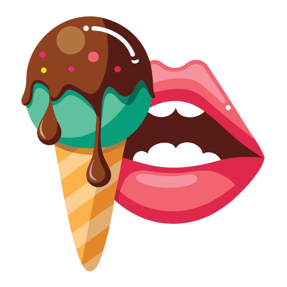 Sweet and Stylish Chocolate Ice Cream Cone with Glamorous Lips Design vector