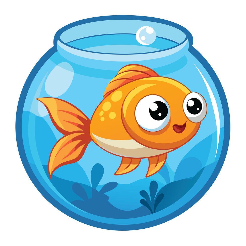 Adorable Cartoon Goldfish Swimming Around in Fishbowl for Children Coloring vector