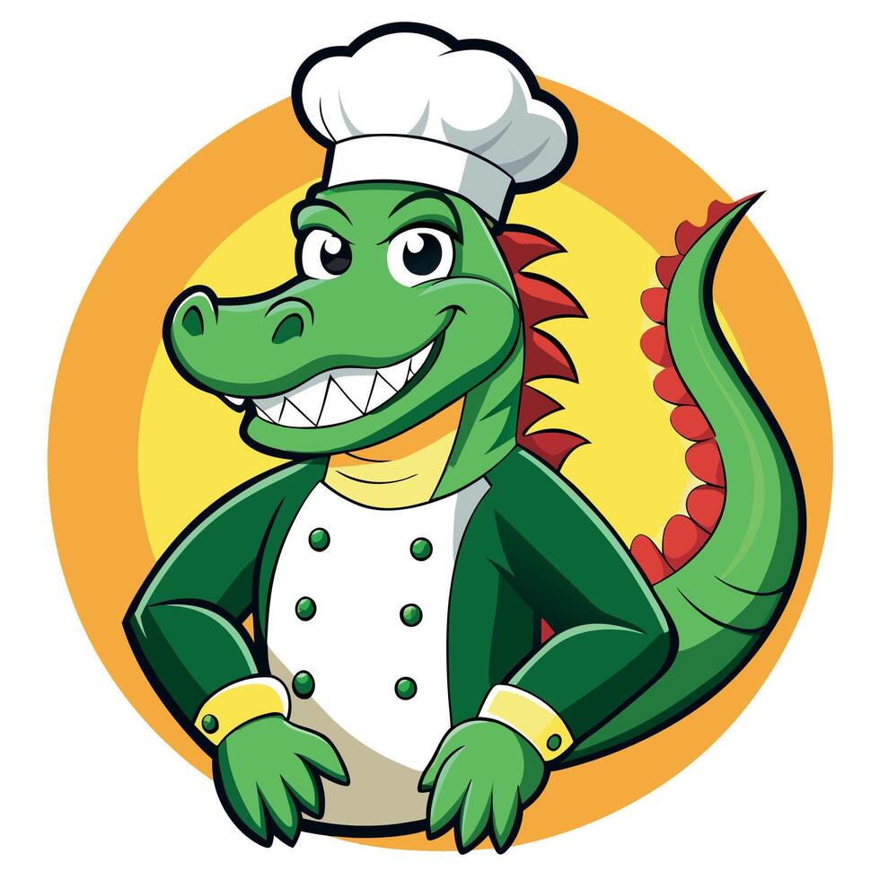 Cheerful Cartoon Alligator Chef with a White Hat and Cooking Apron Standing Against a Bright Yellow Background vector