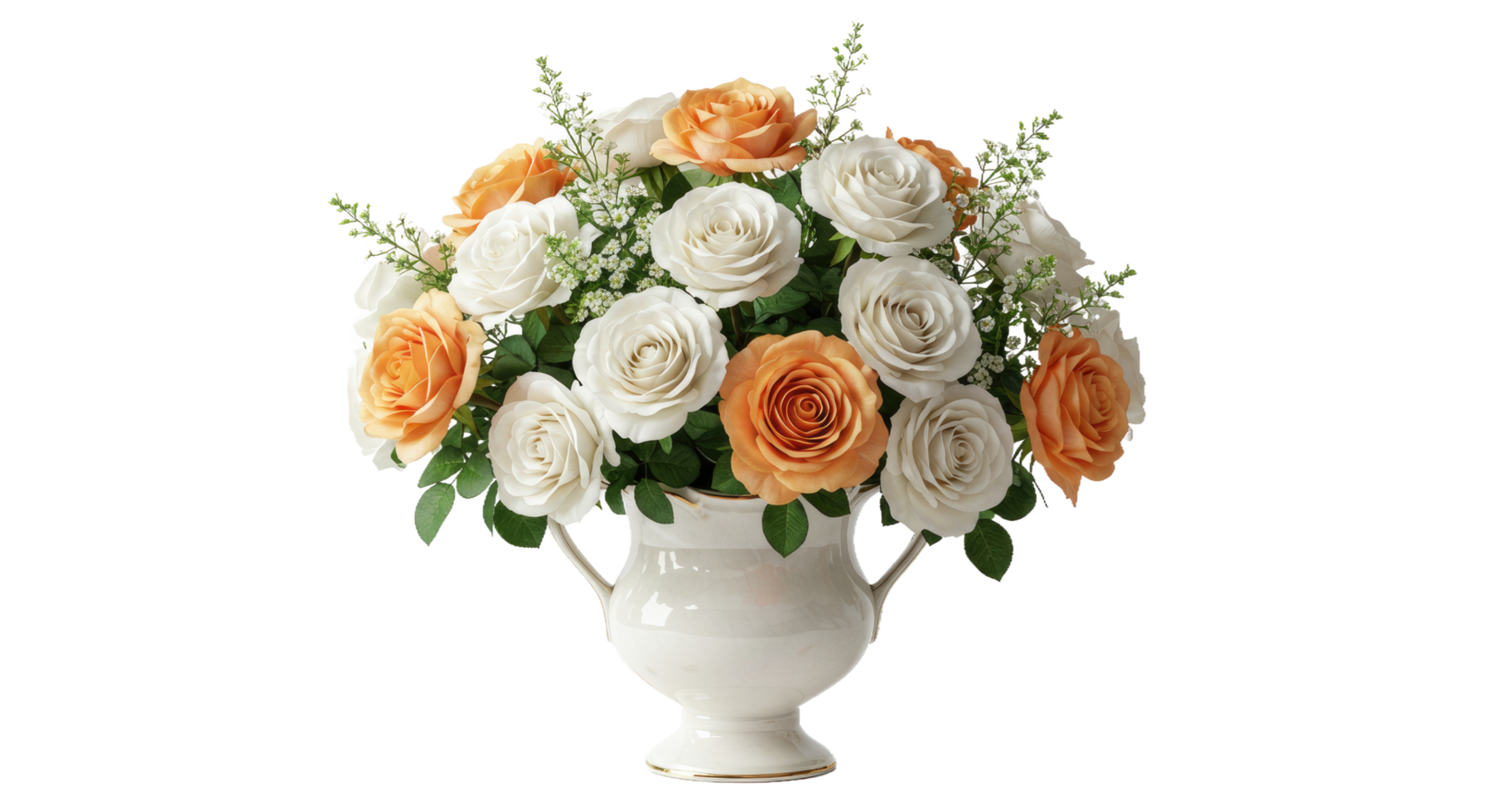 A white vase filled with orange and white roses png