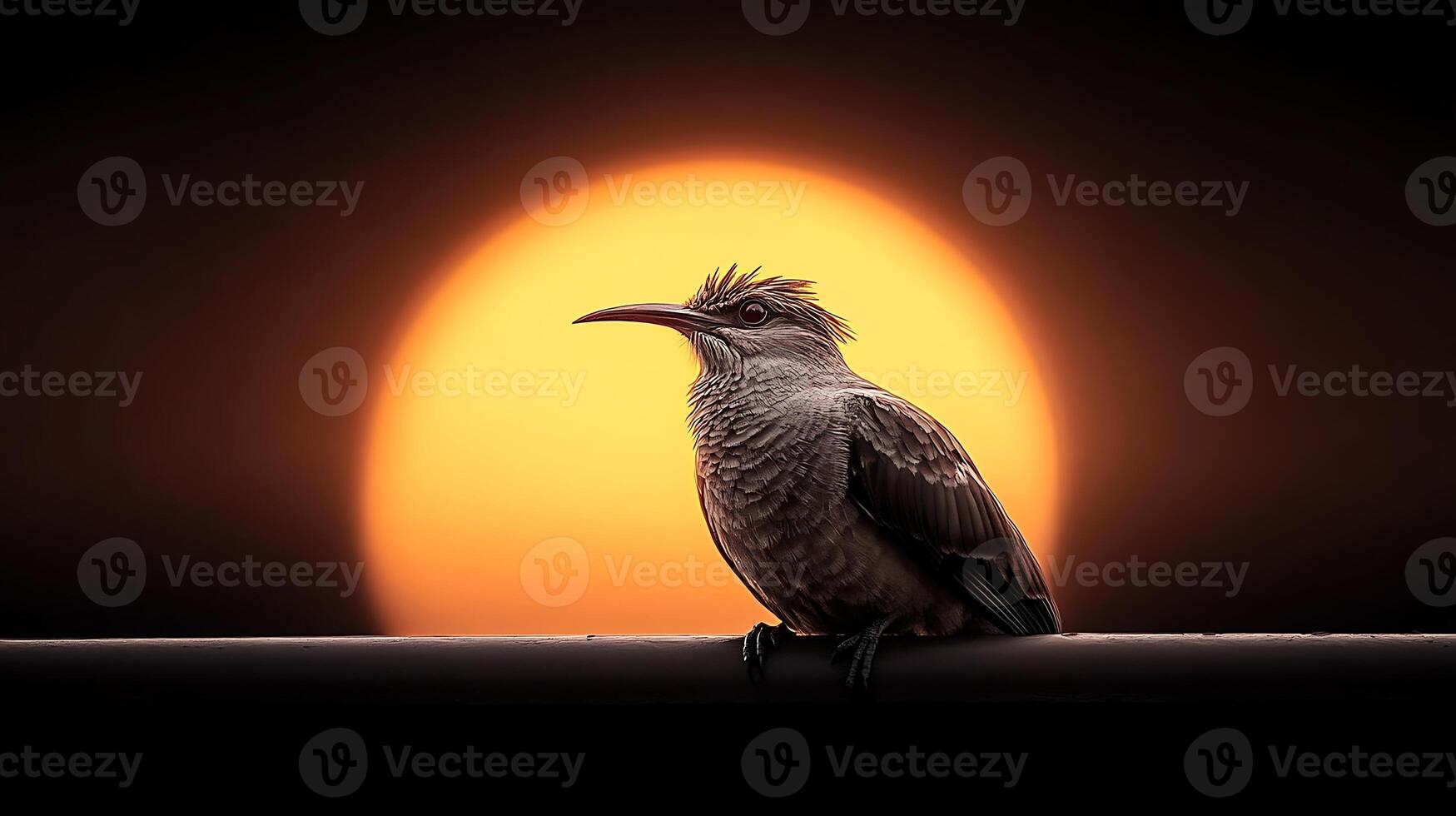 A solitary bird perched on a railing against a vibrant sunset, highlighting nature's beauty photo