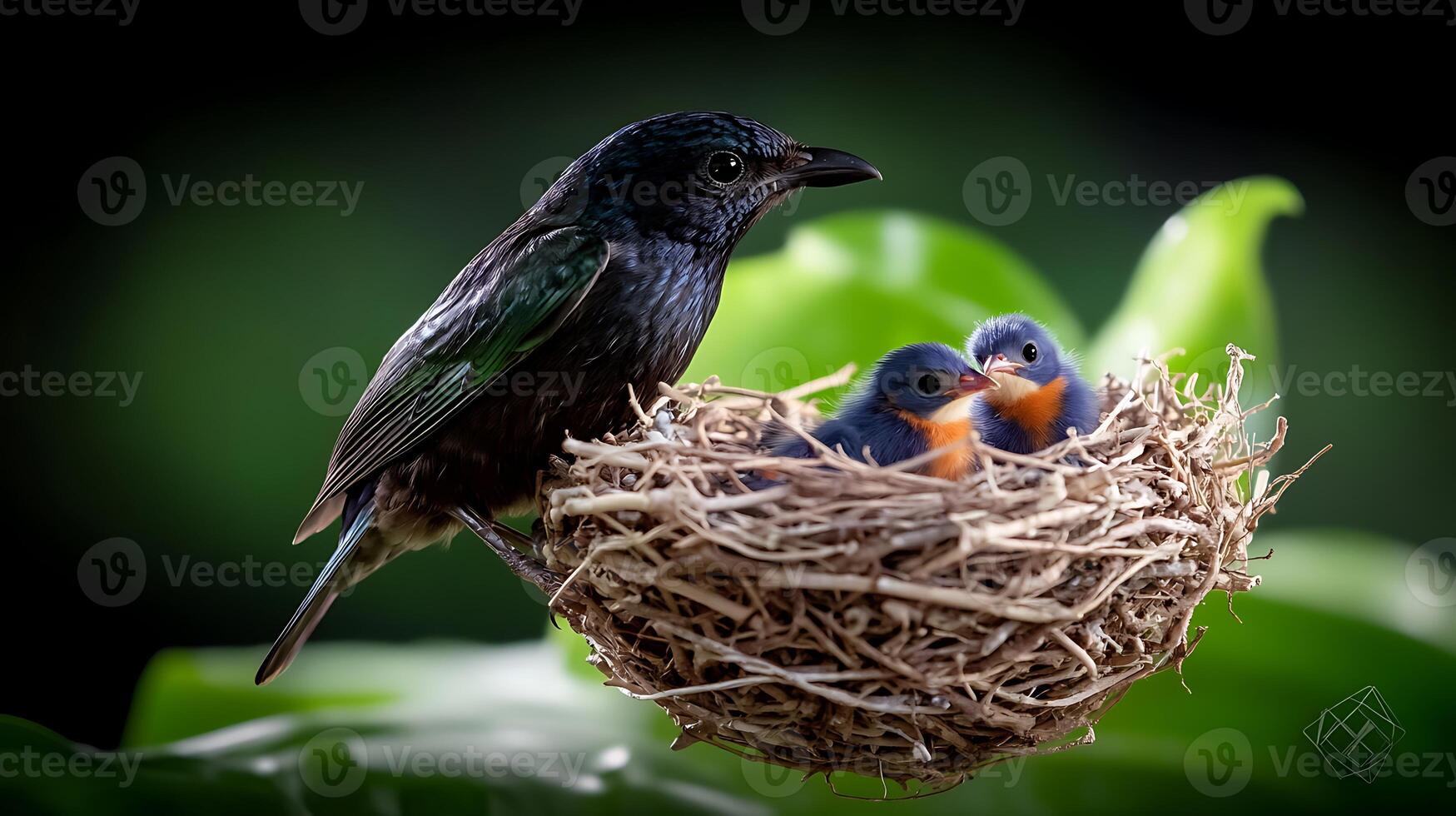 A vibrant bird feeding its three colorful chicks in a lush green environment photo