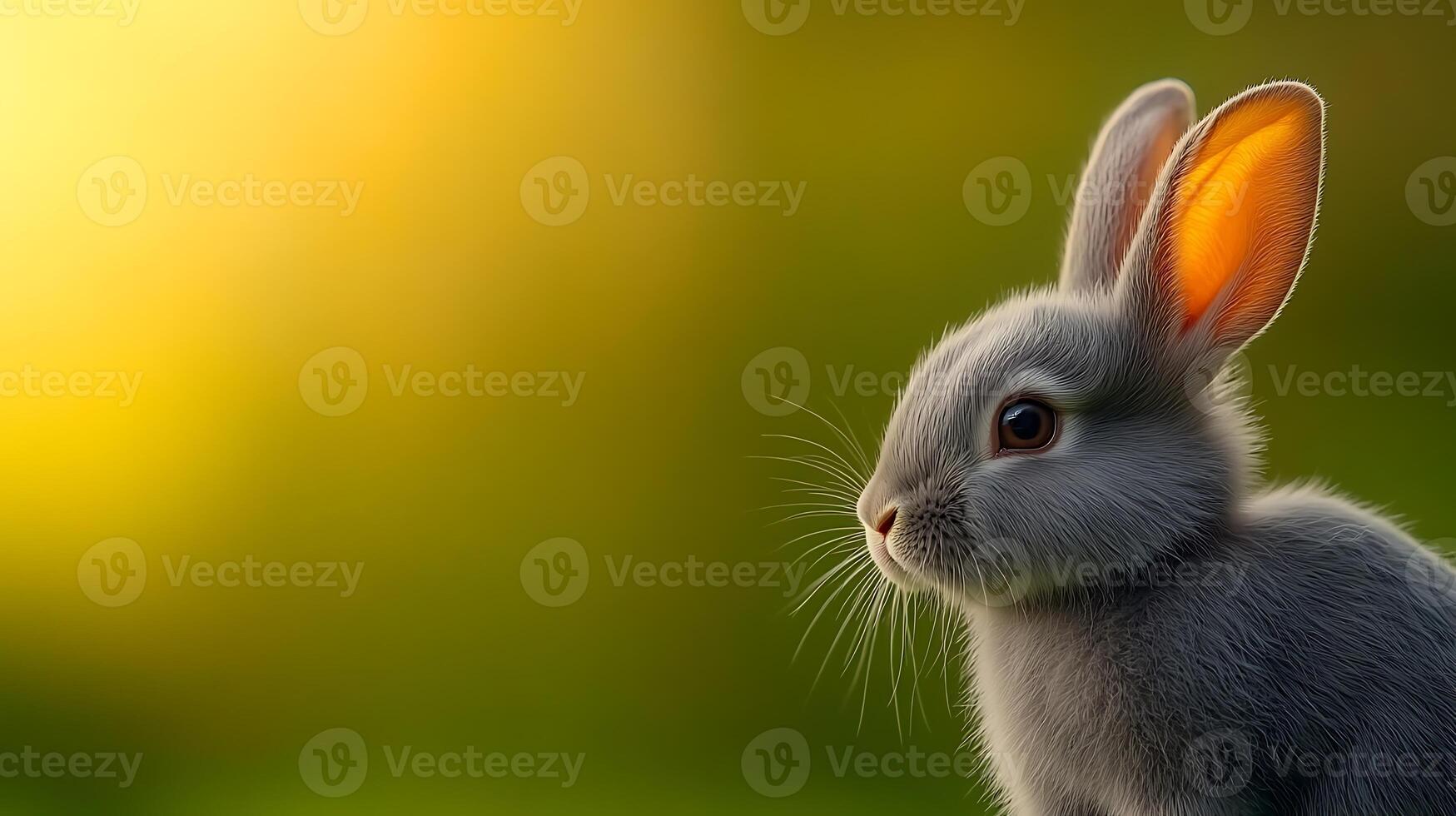 A serene close-up of a gray rabbit in a soft-focus green background during golden hour photo