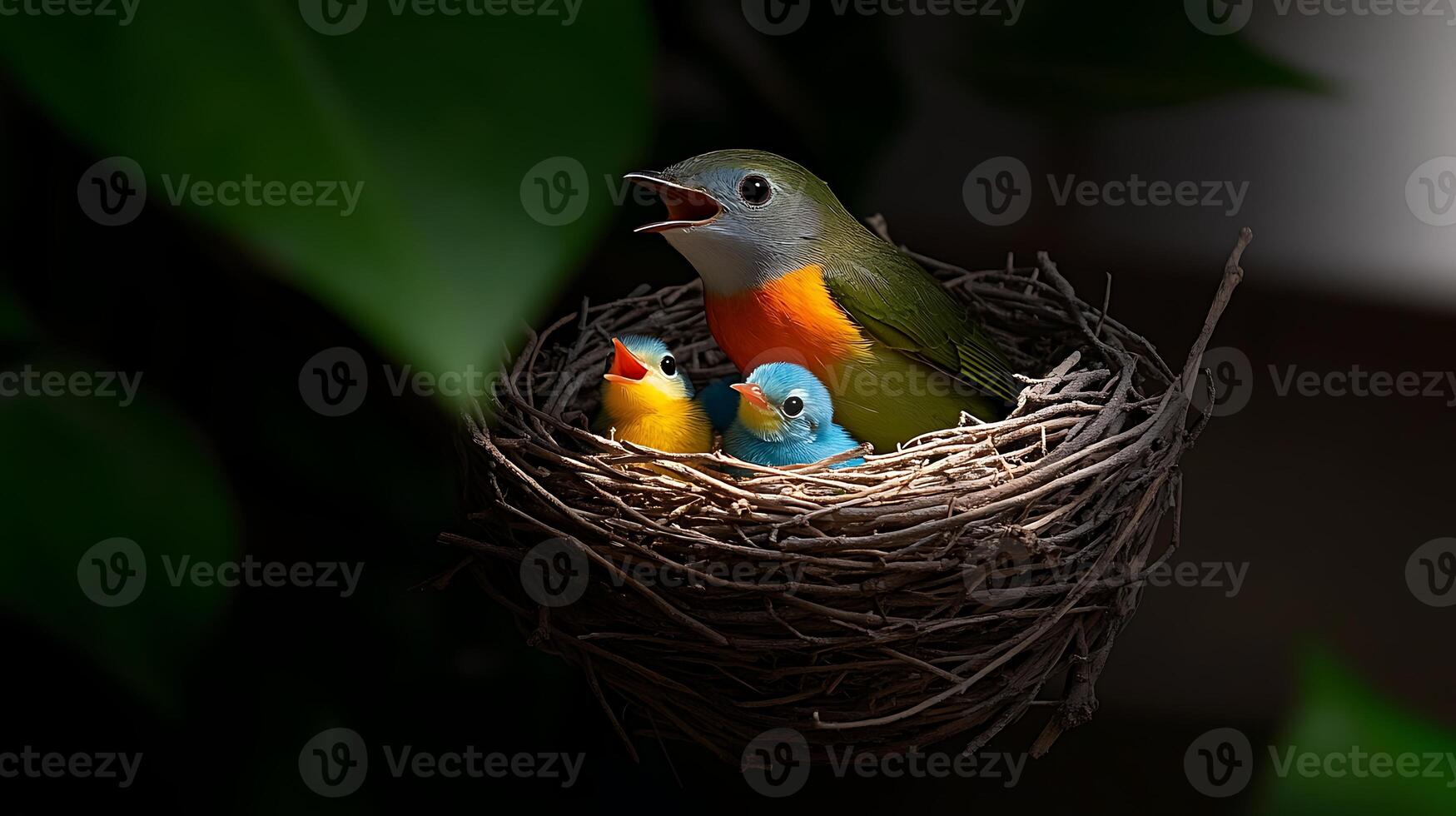 A vibrant bird's nest with a singing adult bird and two colorful chicks, surrounded by lush greenery photo