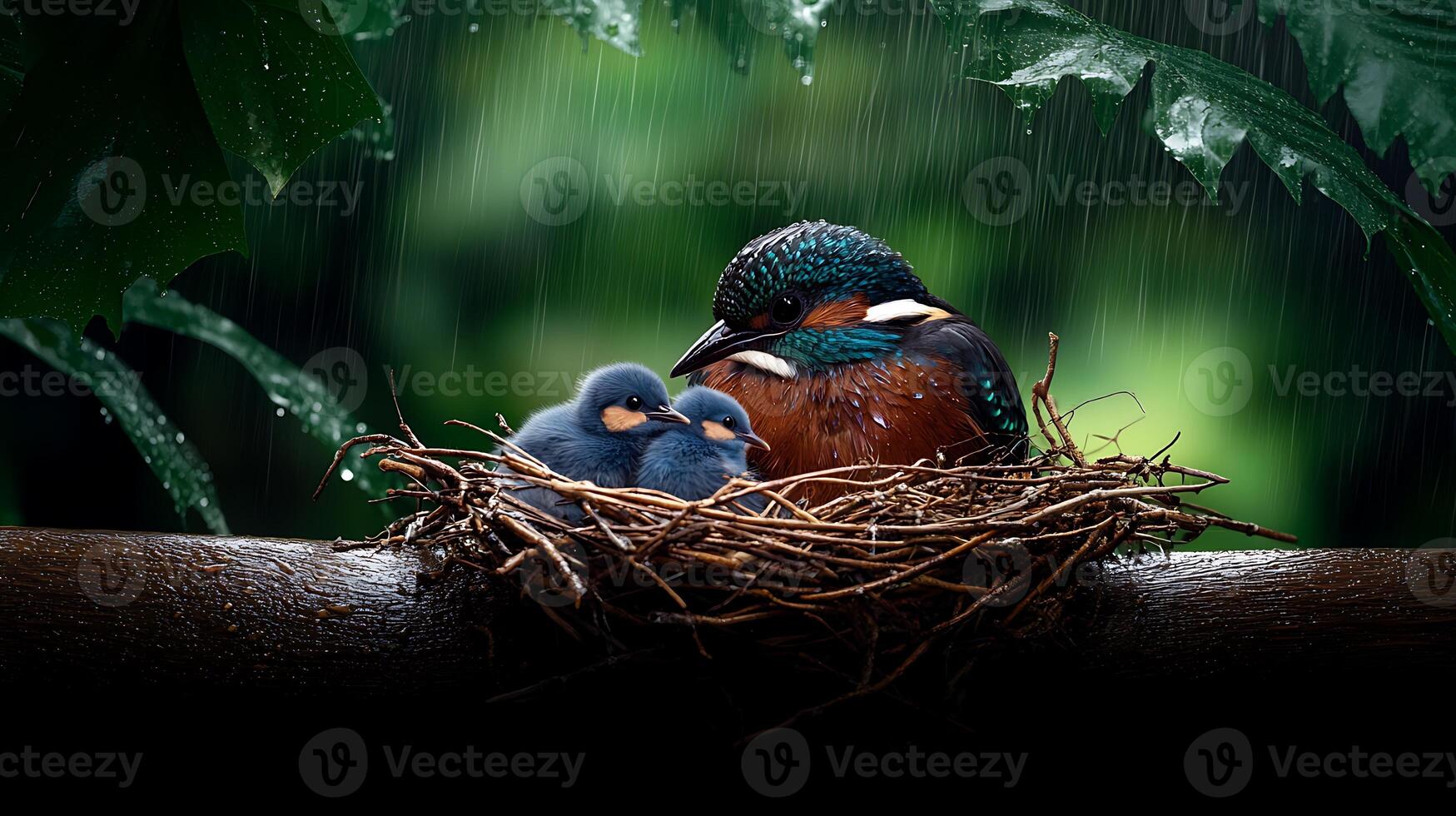 A mother bird shelters her two chicks in a nest during a rainstorm in a lush forest photo