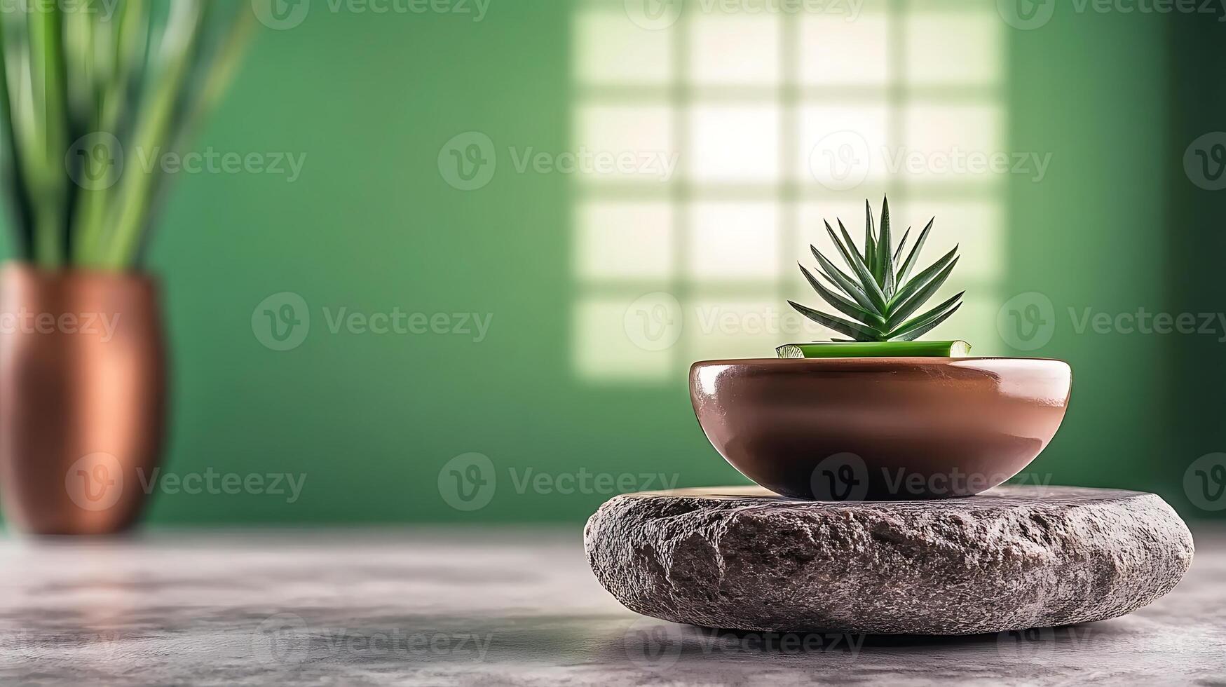 A serene indoor setting featuring a succulent plant in a decorative bowl on a stone base, with green walls and soft lighting photo