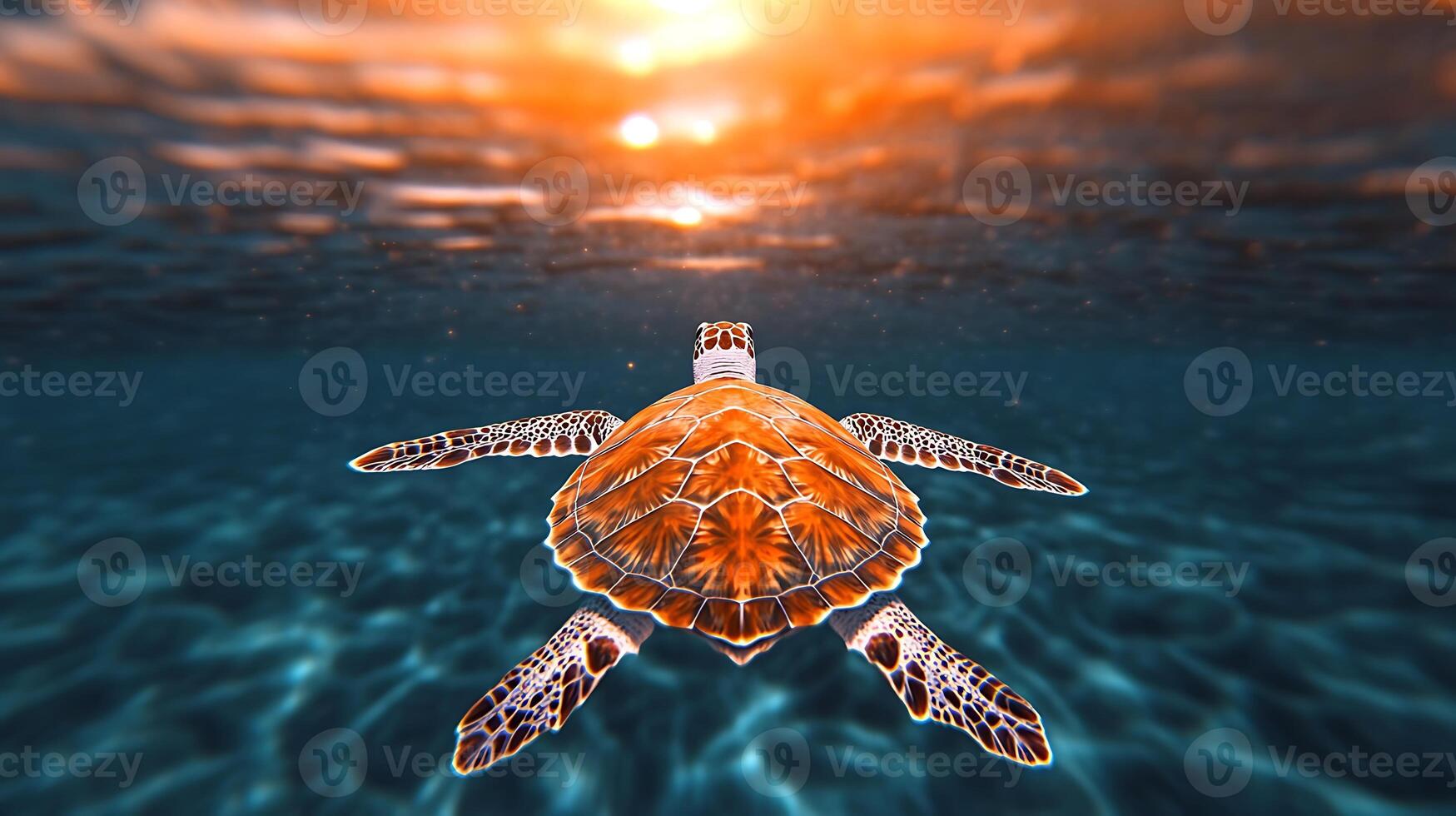 A serene sea turtle gliding through calm waters at sunset, with vibrant colors reflecting above photo