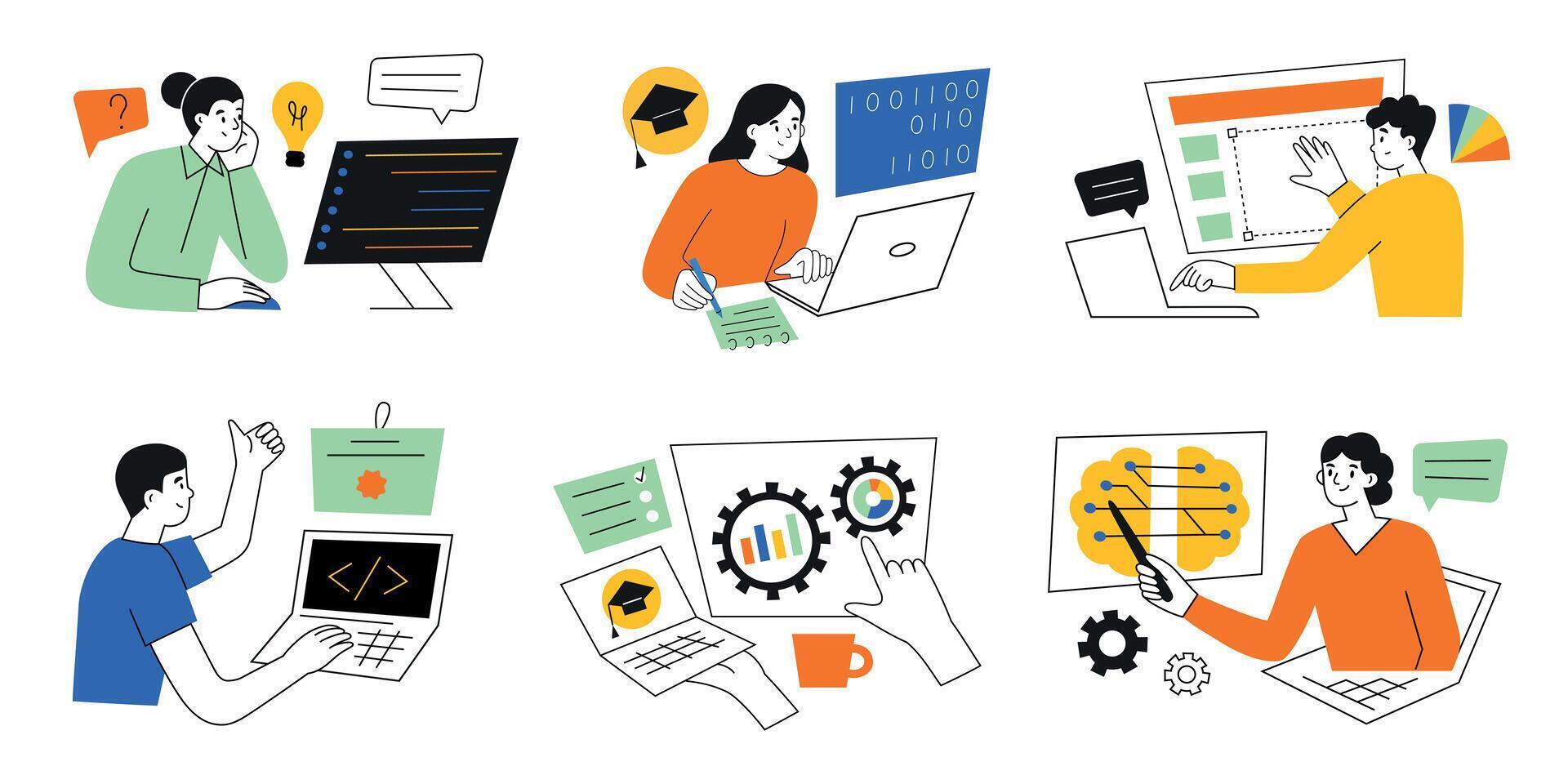 illustration set of online education. Cartoon flat characters learning online. Courses compositions, people training, coding, programming, working in software development, IT, analytics, AI vector