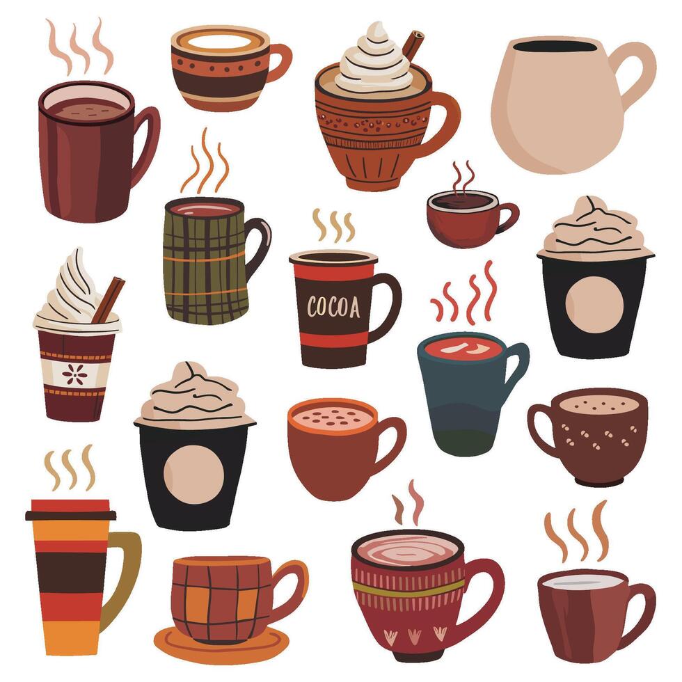 Autumn set of coffee cups with various designs and flavors, doodle flat style vector
