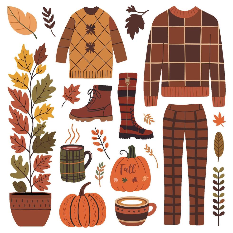 Collection of fall clothing and accessories, including a pumpkin, a mug, and a sweater. Cozy and warm atmosphere vector